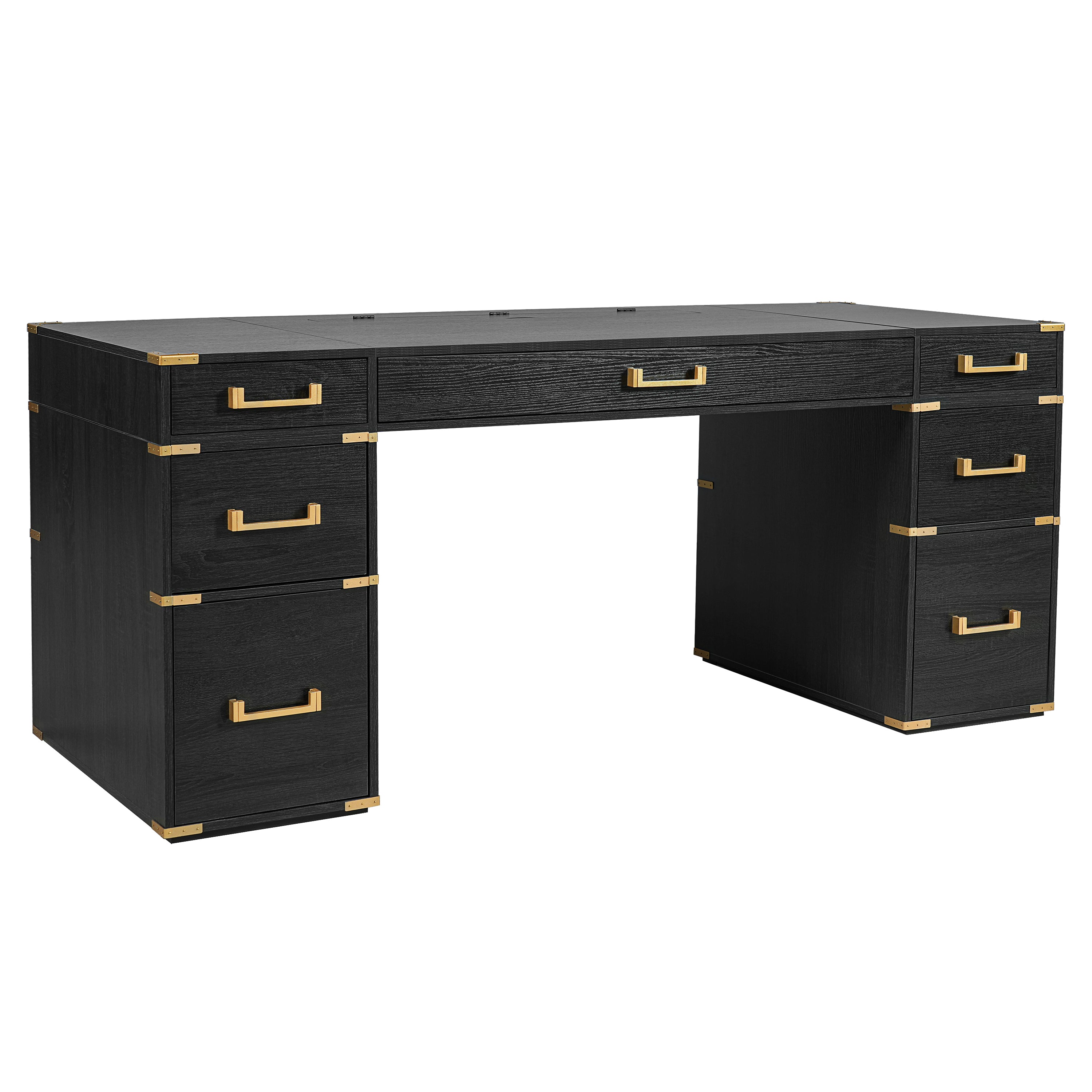 70" Extra-Large Classic and Traditional Executive Desk with Metal Edge Trim ,Writing Desk with 2 file drawers,USB Ports and Outlets,Desk with Hidden Compartment for Living Room,Home Office,Study Room,