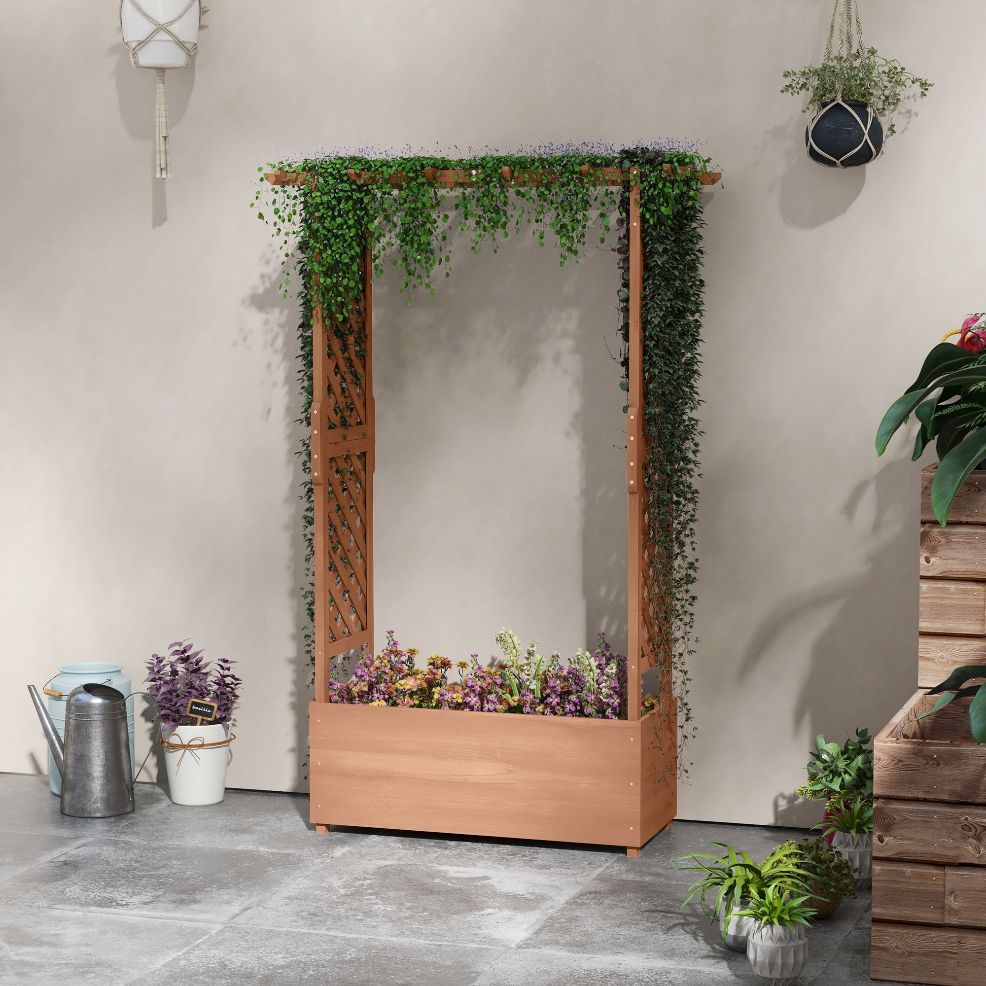 Outsunny Raised Garden Bed with Trellises and Roof for Climbing Plant Vine, Hanging Flowers, 70.75" Tall Outdoor Wood Planter Box with Drainage & Filter