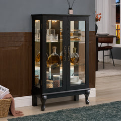 Curio Cabinet with Tempered Glass Doors, Lighted Display Cabinet with Mirrored Back Panel & Adjustable Shelves Perfect for Home or Office (Light Bulb Included)- Black
