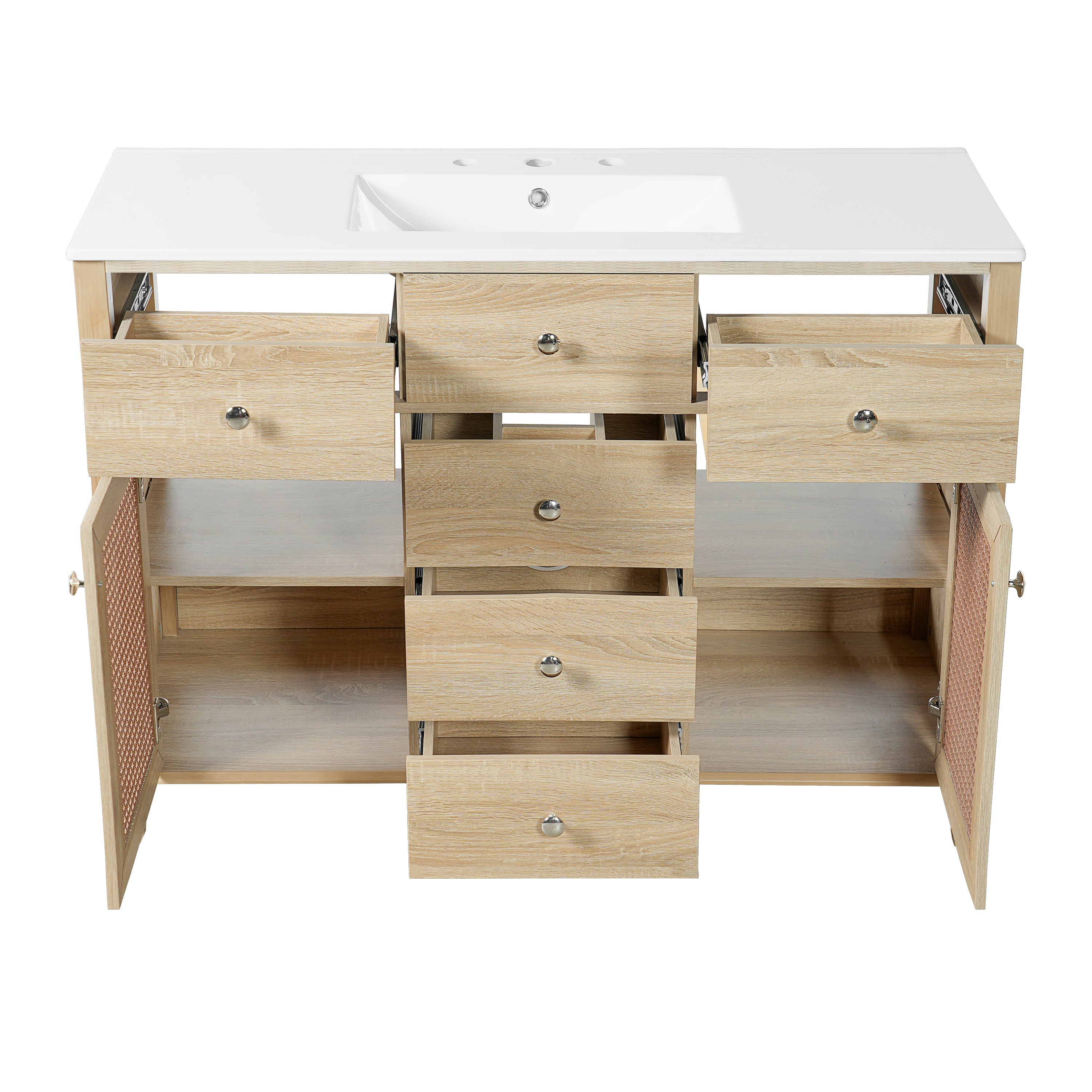 48-Inch Natural Rattan Bathroom Vanity: Solid Wood Frame, 5 Drawers, 2 Rattan Cabinet Doors & Premium Ceramic Sink