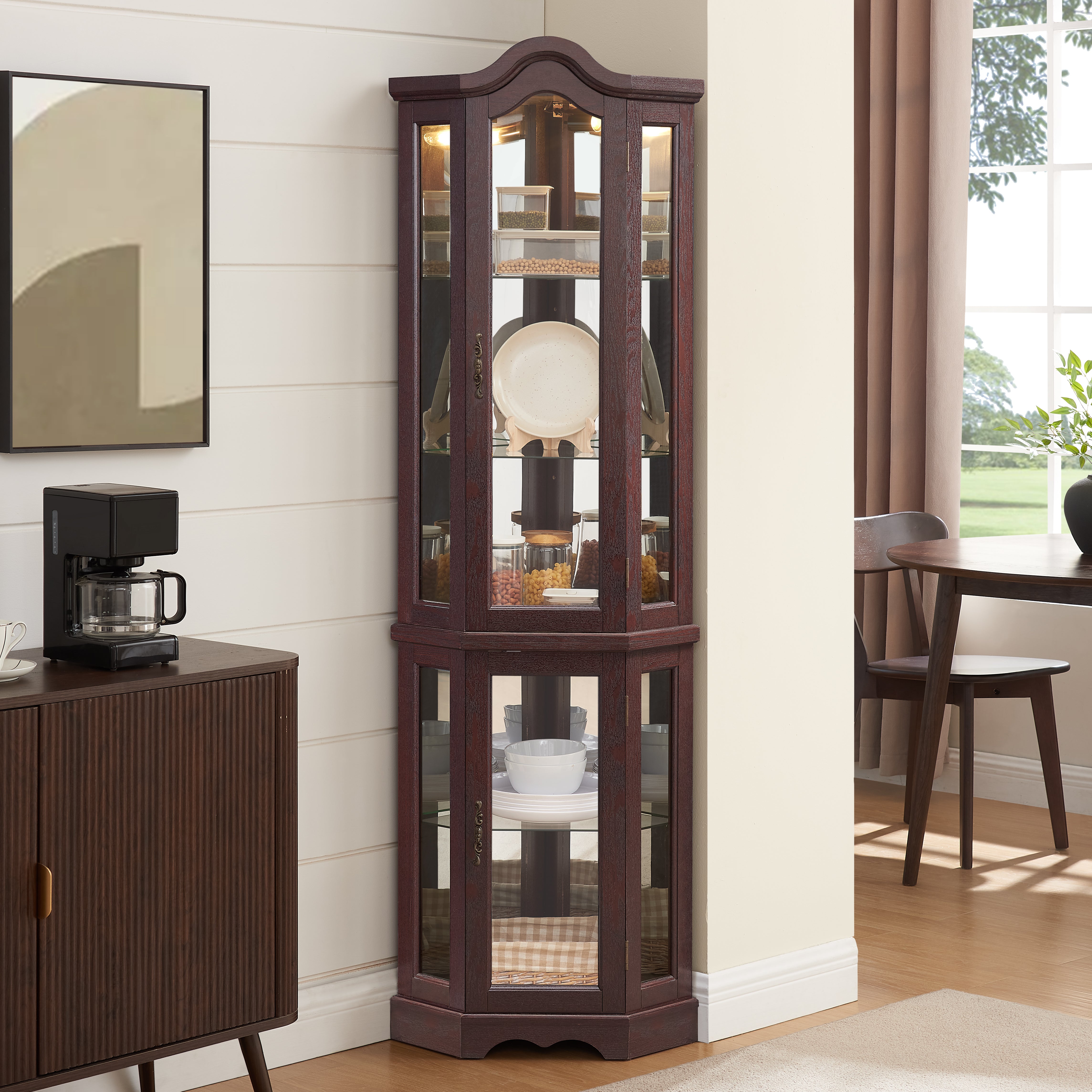 Lighted Corner Curio Cabinet with Tempered Glass Doors & Shelves - Elegant Oak Display Storage for Living Room & Bedroom Decor-DARK CHERRY