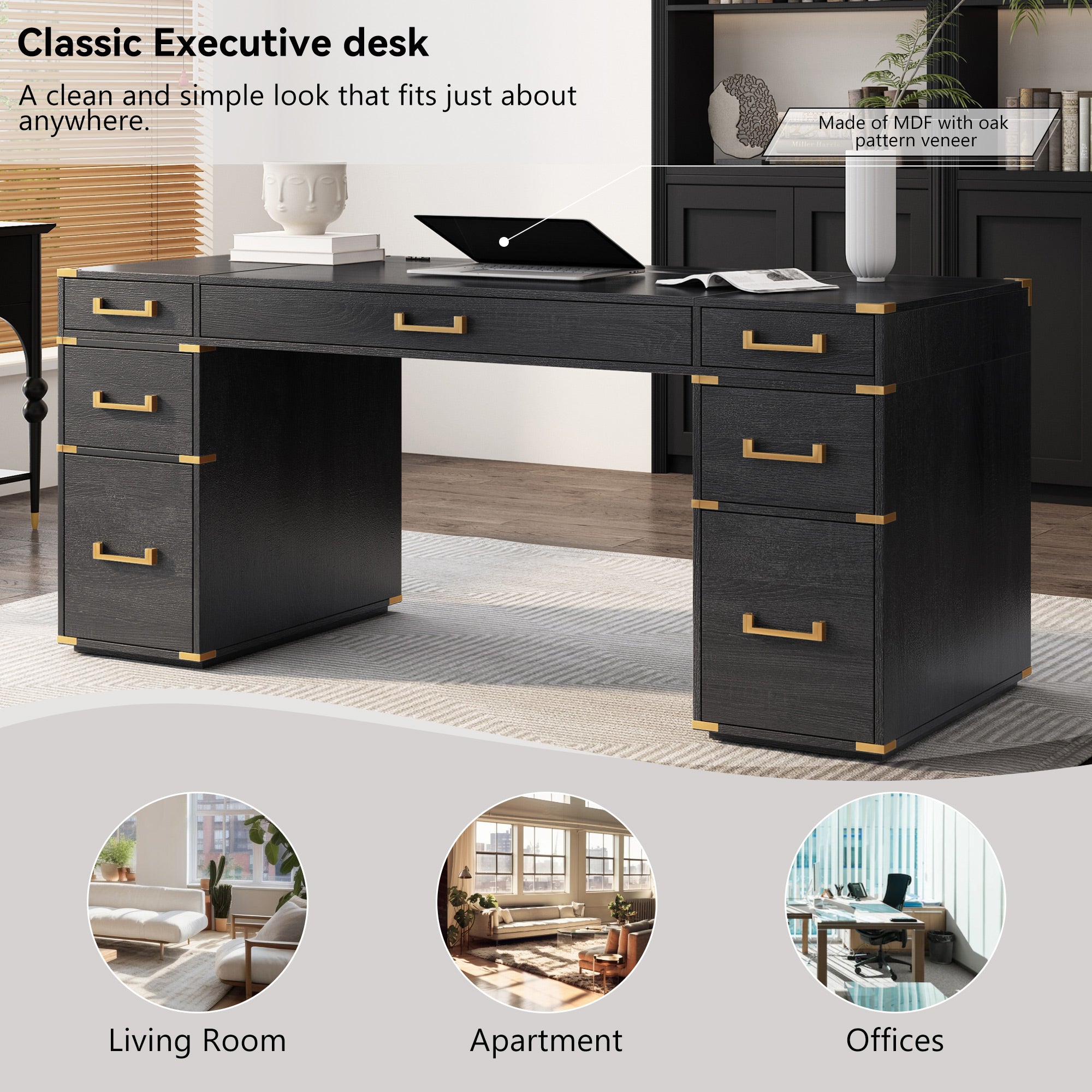 70" Extra-Large Classic and Traditional Executive Desk with Metal Edge Trim ,Writing Desk with 2 file drawers,USB Ports and Outlets,Desk with Hidden Compartment for Living Room,Home Office,Study Room,