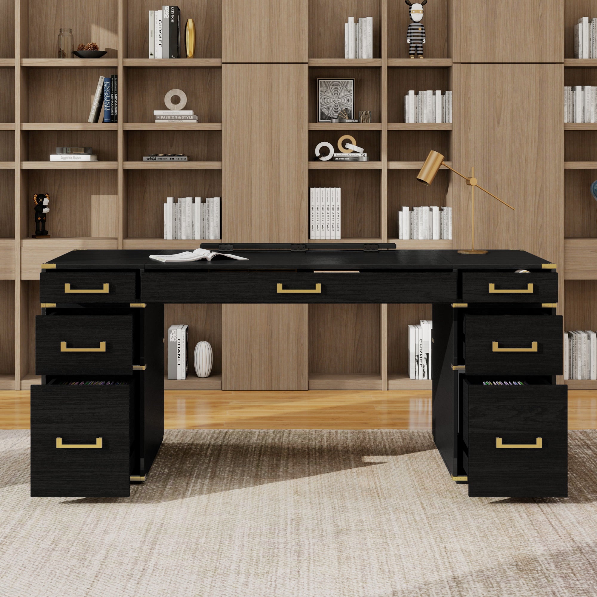 70" Extra-Large Classic and Traditional Executive Desk with Metal Edge Trim ,Writing Desk with 2 file drawers,USB Ports and Outlets,Desk with Hidden Compartment for Living Room,Home Office,Study Room,