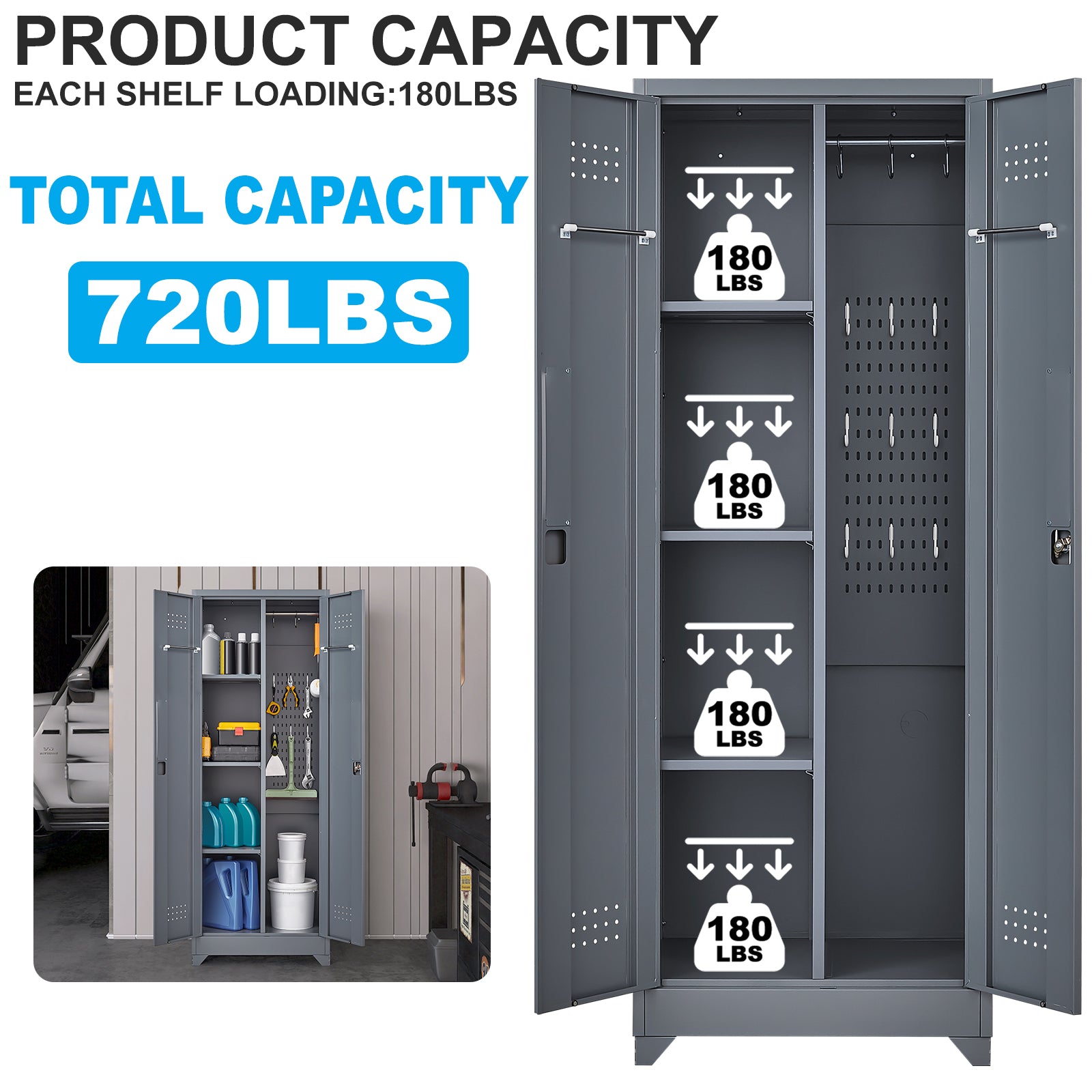Broom Storage Cabinet With Locking Doors And Shelves, 65" H Metal Storage Cabinet With Hanging Rod & S-Hooks, Cleaning Tool Storage Cabinet Grey