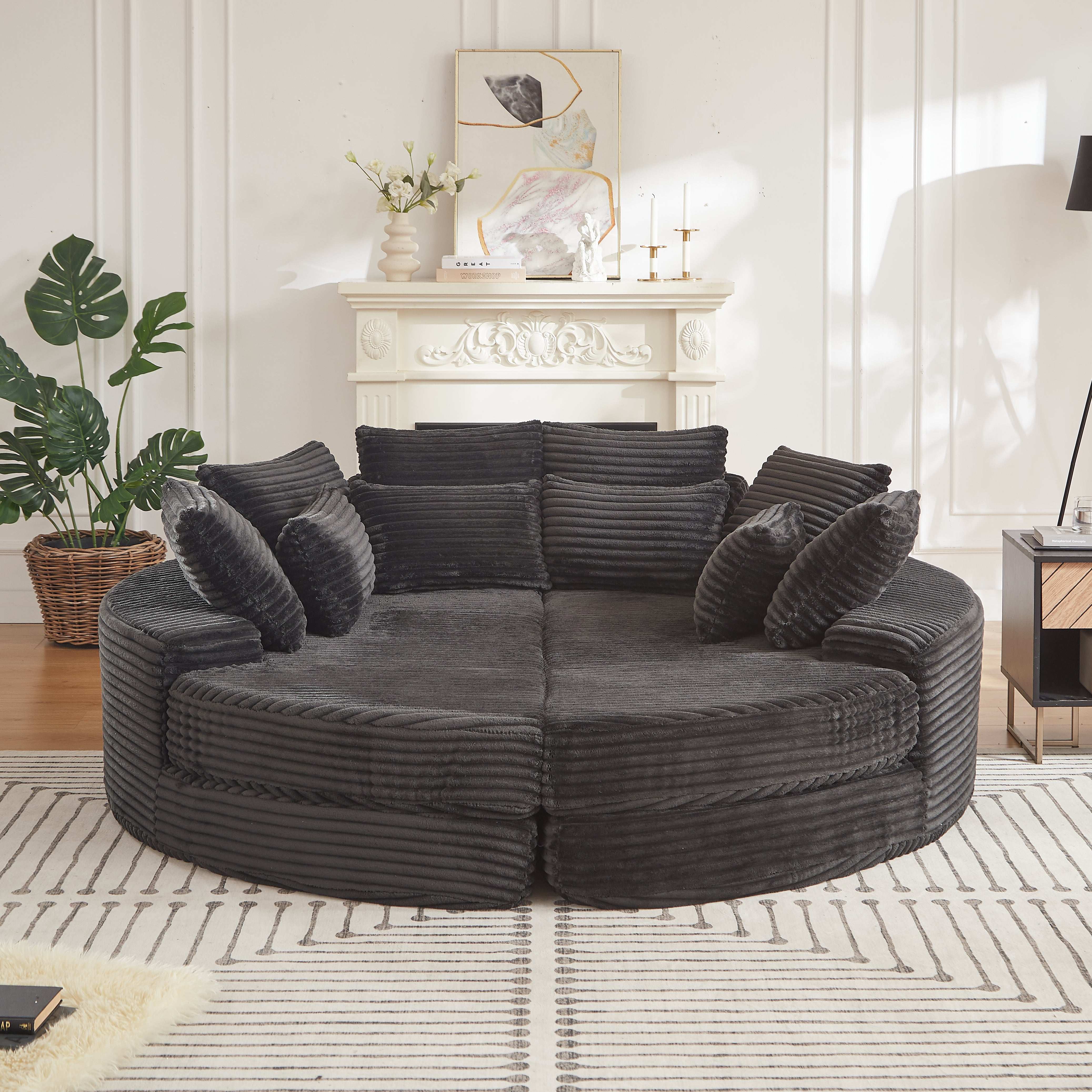 78.5-inch Corduroy Round Oversized Recliner, Converts into Two Recliners, 2-In-1 Sofa Bed, Neck Pillow Design With Five Throw Pillows