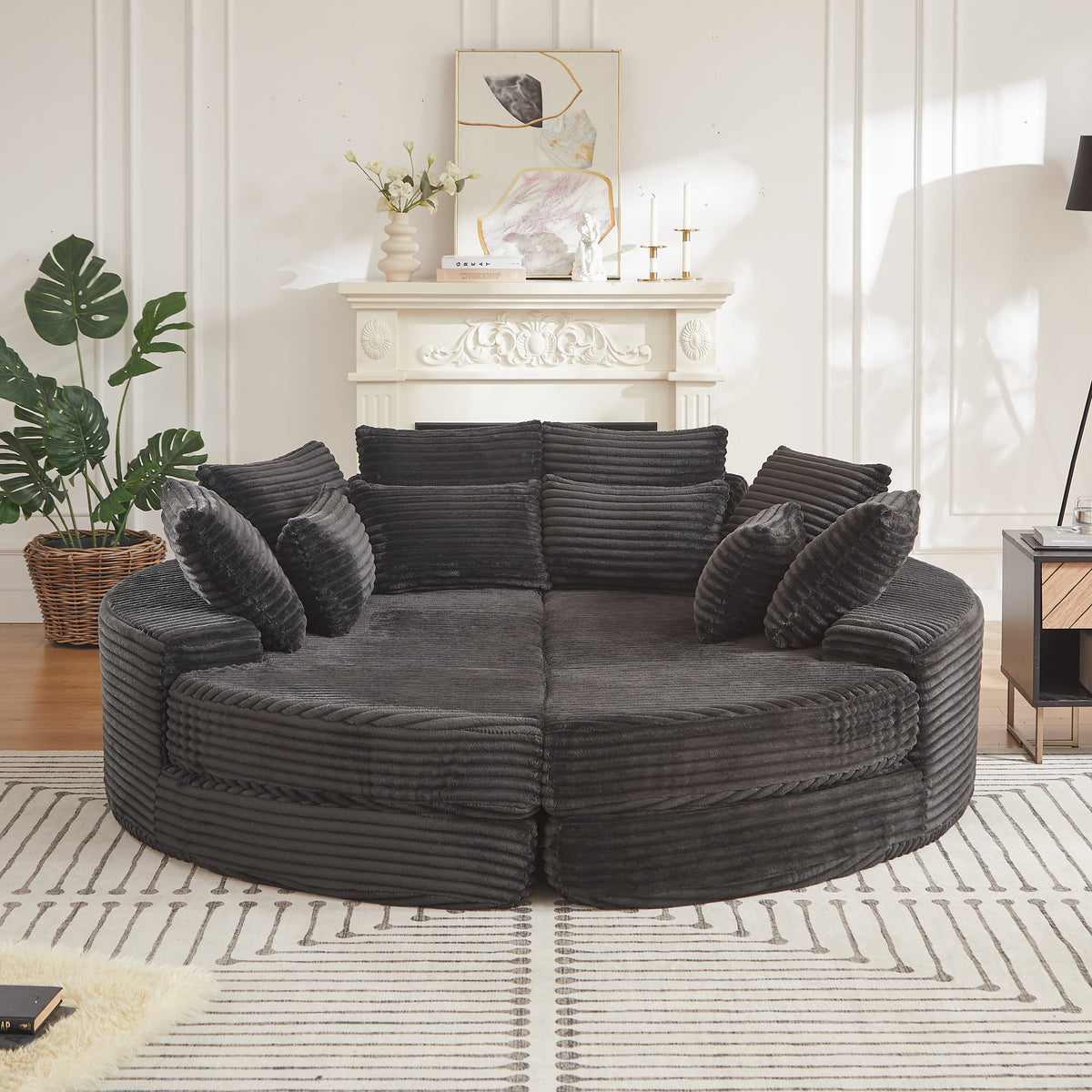 78.5-inch Corduroy Round Oversized Recliner, Converts into Two Recliners, 2-In-1 Sofa Bed, Neck Pillow Design With Five Throw Pillows