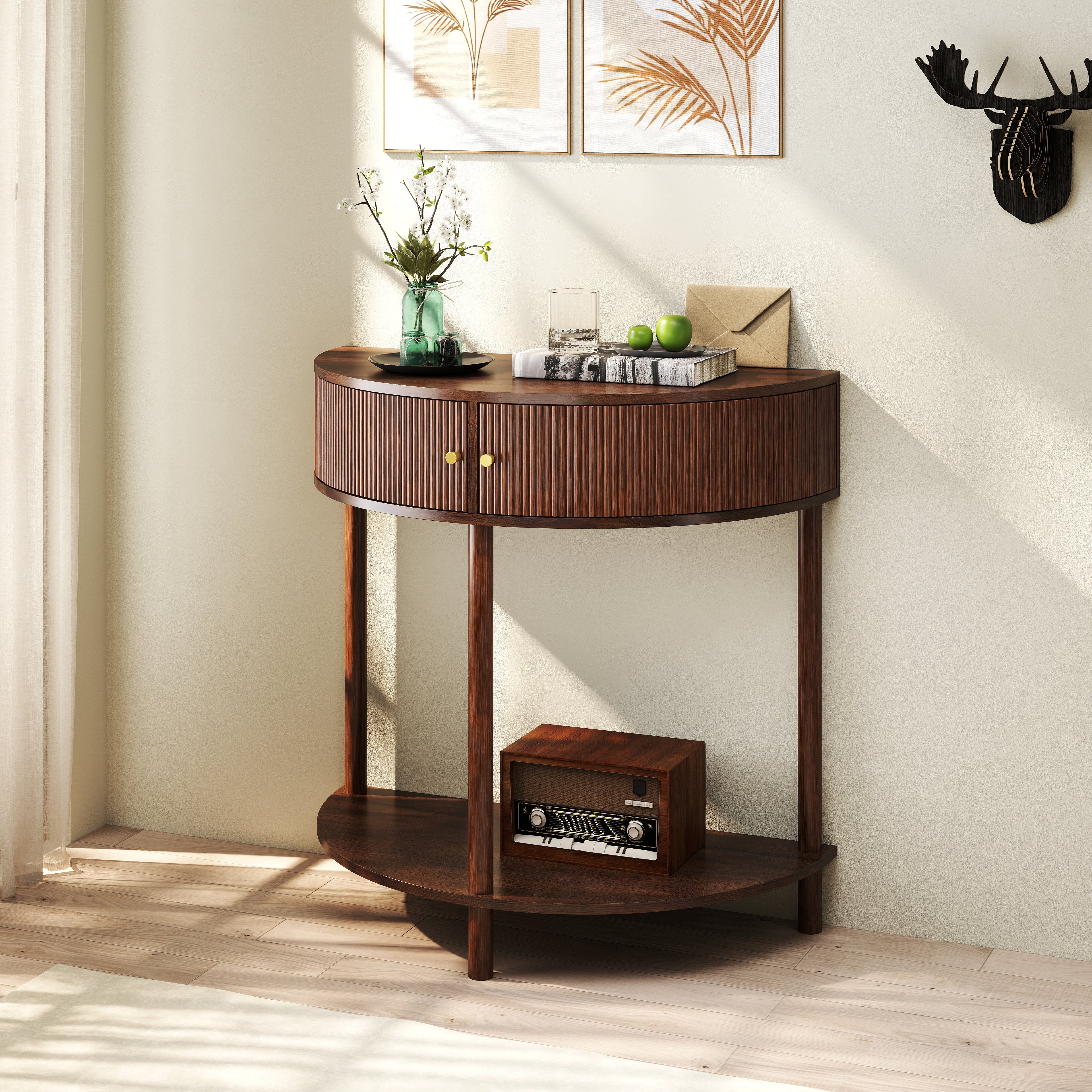 Artisan-Crafted Wave-Pattern Demi-Lune Console Table with Brown Woodgrain,Unique Half Moon Design End Table with 2 Storage Drawers and Bottom Shelf for Living room, Bedroom, Study, Hallway