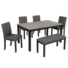 Modern 6-Piece Dining Table Set with Bench and Chairs for Dining Room or Kitchen – Light Grey & Black Two-Tone