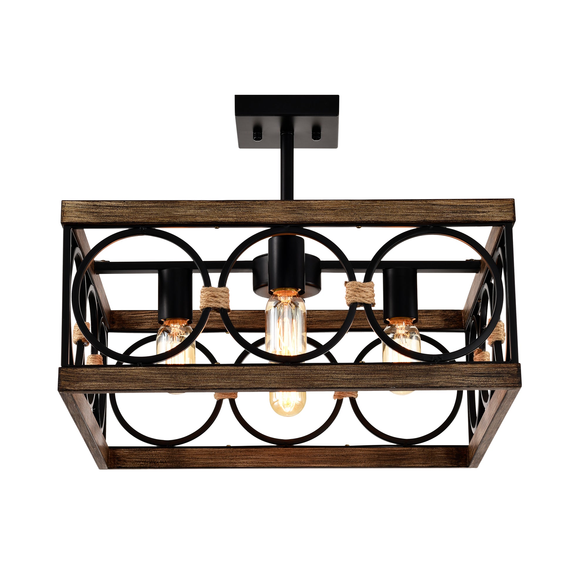 4-Light Square Kitchen Island Lights Ceiling Light Farmhouse Dining Room Light Fixture, Wood and Black Metal Rectangular Ceiling Light, Ceiling Lighting for Living Room,Conference Room, Home Office