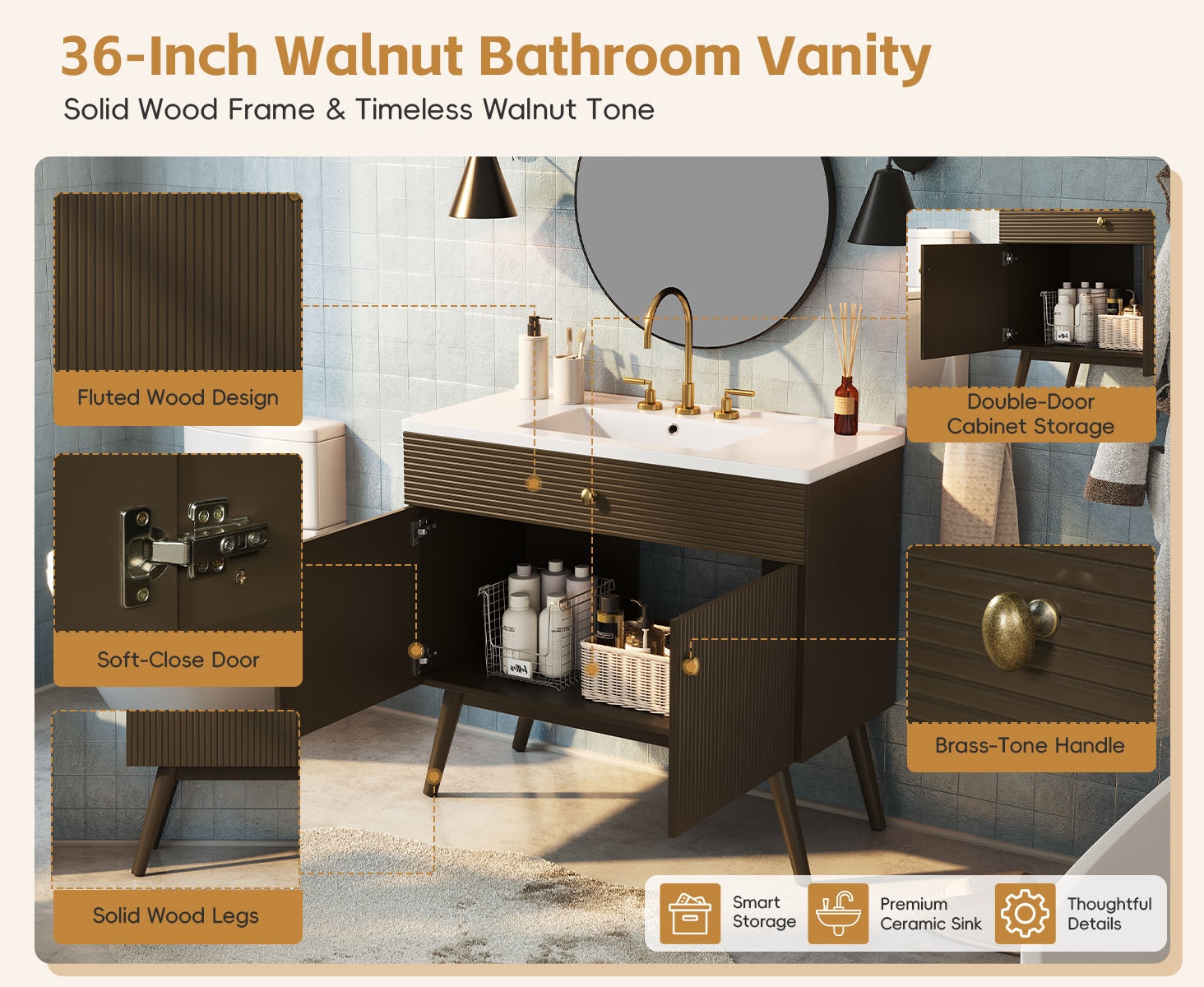 36" Luxury Striped Dark Brown Vanity: Soft-Close Dual-Door Storage & Premium Ceramic Sink