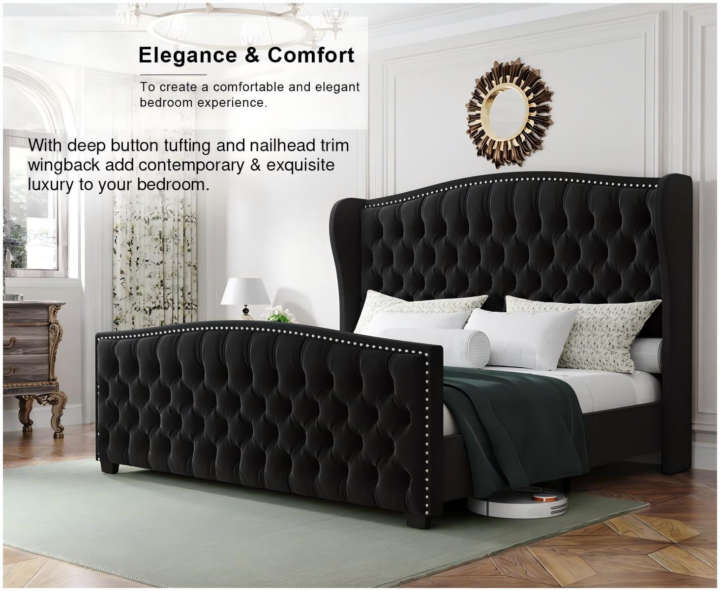 AMERLIFE Modern Bed Frame with Wingback Headboard, Upholstered Bed Frame with Handmade Button Tufted & Nailhead, Wooden Slats Support/Luxury Bedroom Furniture/Queen/King/California King Size/Best Gift Ideas/Christmas Gifts