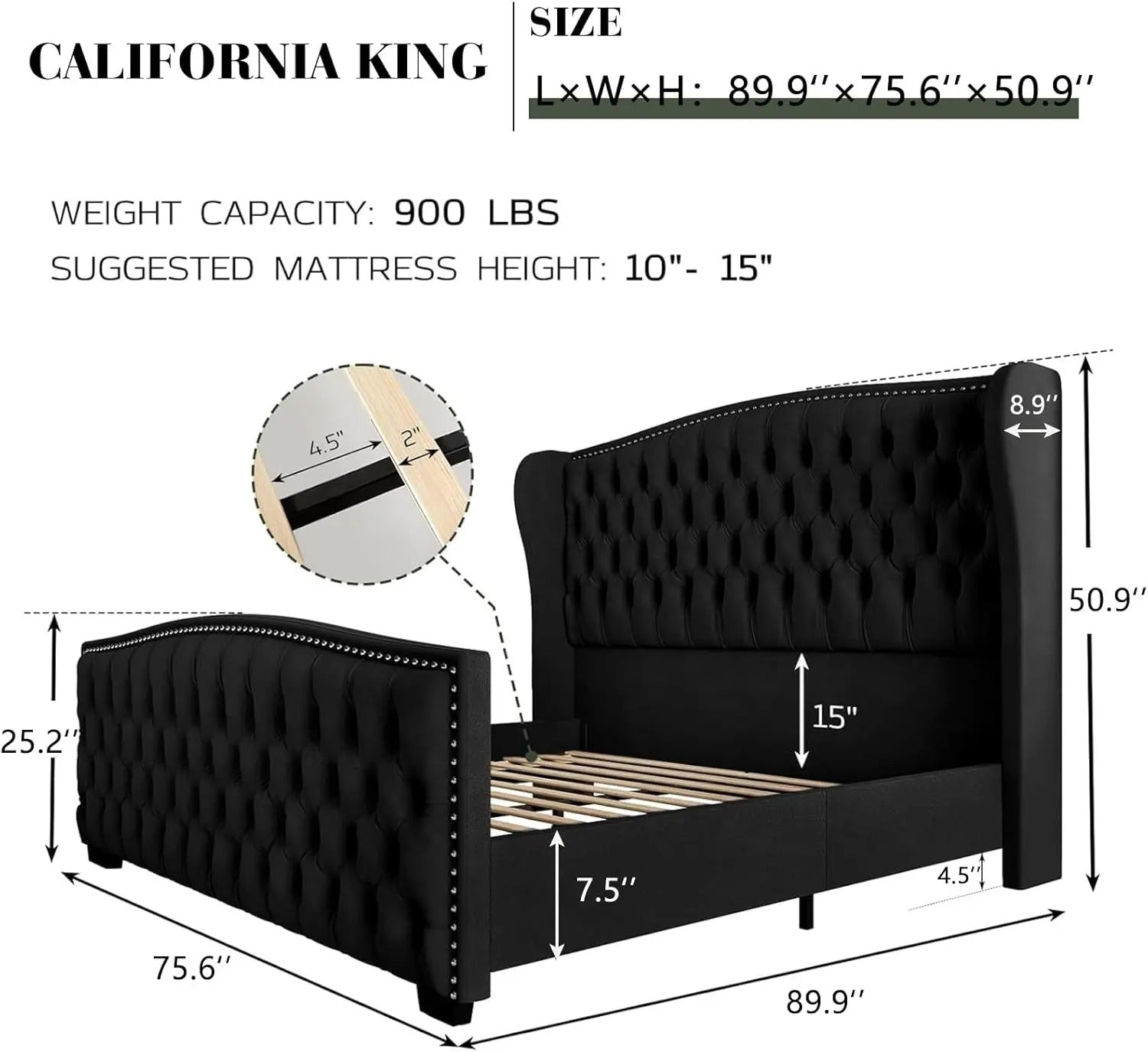 AMERLIFE Modern Bed Frame with Wingback Headboard, Upholstered Bed Frame with Handmade Button Tufted & Nailhead, Wooden Slats Support/Luxury Bedroom Furniture/Queen/King/California King Size/Best Gift Ideas/Christmas Gifts