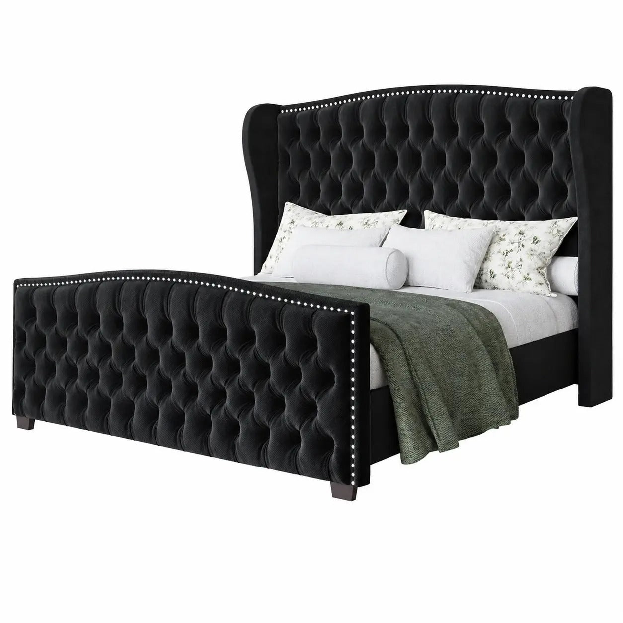 AMERLIFE Modern Bed Frame with Wingback Headboard, Upholstered Bed Frame with Handmade Button Tufted & Nailhead, Wooden Slats Support/Luxury Bedroom Furniture/Queen/King/California King Size/Best Gift Ideas/Christmas Gifts