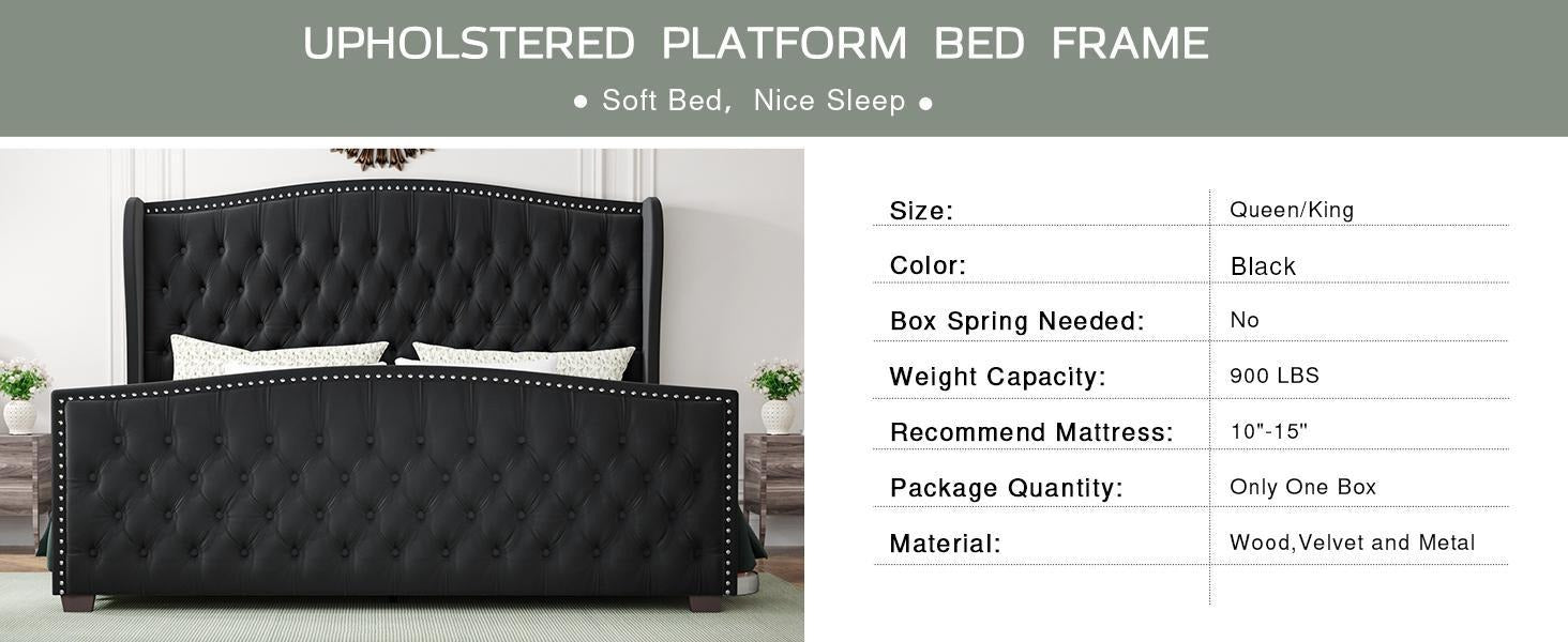 AMERLIFE Modern Bed Frame with Wingback Headboard, Upholstered Bed Frame with Handmade Button Tufted & Nailhead, Wooden Slats Support/Luxury Bedroom Furniture/Queen/King/California King Size/Best Gift Ideas/Christmas Gifts