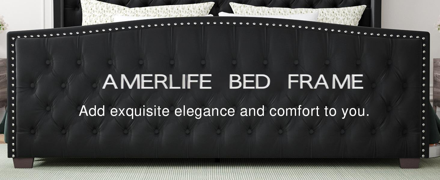 AMERLIFE Modern Bed Frame with Wingback Headboard, Upholstered Bed Frame with Handmade Button Tufted & Nailhead, Wooden Slats Support/Luxury Bedroom Furniture/Queen/King/California King Size/Best Gift Ideas/Christmas Gifts