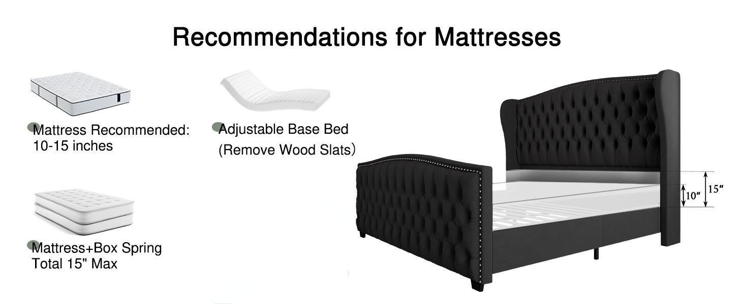 AMERLIFE Modern Bed Frame with Wingback Headboard, Upholstered Bed Frame with Handmade Button Tufted & Nailhead, Wooden Slats Support/Luxury Bedroom Furniture/Queen/King/California King Size/Best Gift Ideas/Christmas Gifts