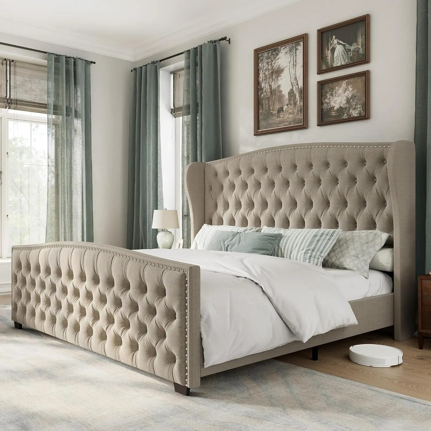 AMERLIFE Modern Bed Frame with Wingback Headboard, Upholstered Bed Frame with Handmade Button Tufted & Nailhead, Wooden Slats Support/Luxury Bedroom Furniture/Queen/King/California King Size/Best Gift Ideas/Christmas Gifts