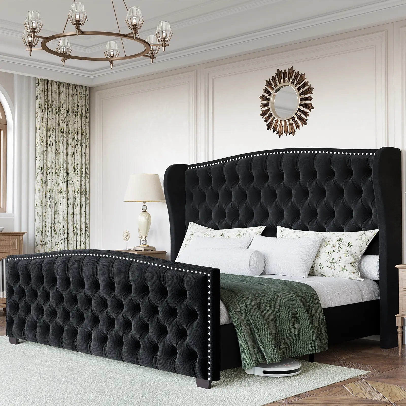 AMERLIFE Modern Bed Frame with Wingback Headboard, Upholstered Bed Frame with Handmade Button Tufted & Nailhead, Wooden Slats Support/Luxury Bedroom Furniture/Queen/King/California King Size/Best Gift Ideas/Christmas Gifts
