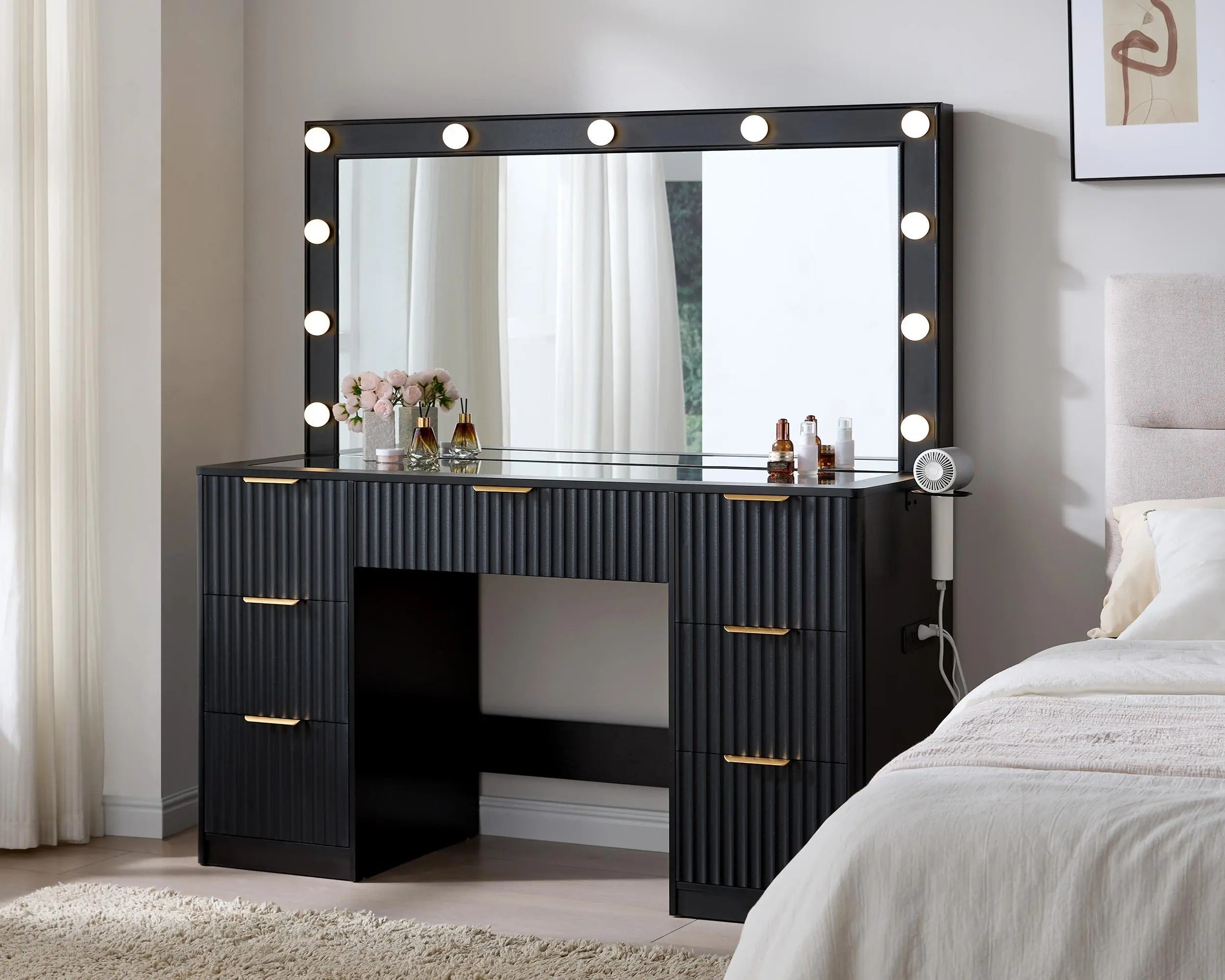 AMERLIFE 36.2/47.2" Fluted Vanity Desk with Mirror and Adjustable LED Lights, Large 4/7 Drawers Makeup Table with Glass Top and Charging Station for Women and Girls, Bedroom or Dorm/Best Gift Ideas/Christmas Gifts