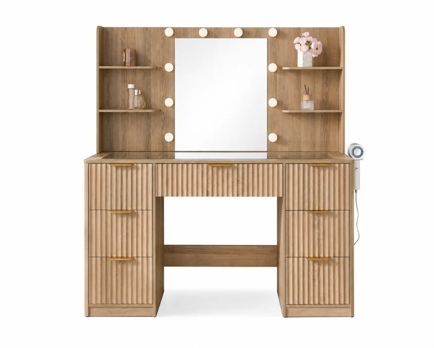 AMERLIFE 36.2/47.2" Fluted Vanity Desk with Mirror and Adjustable LED Lights, Large 4/7 Drawers Makeup Table with Glass Top and Charging Station for Women and Girls, Bedroom or Dorm/Best Gift Ideas/Christmas Gifts