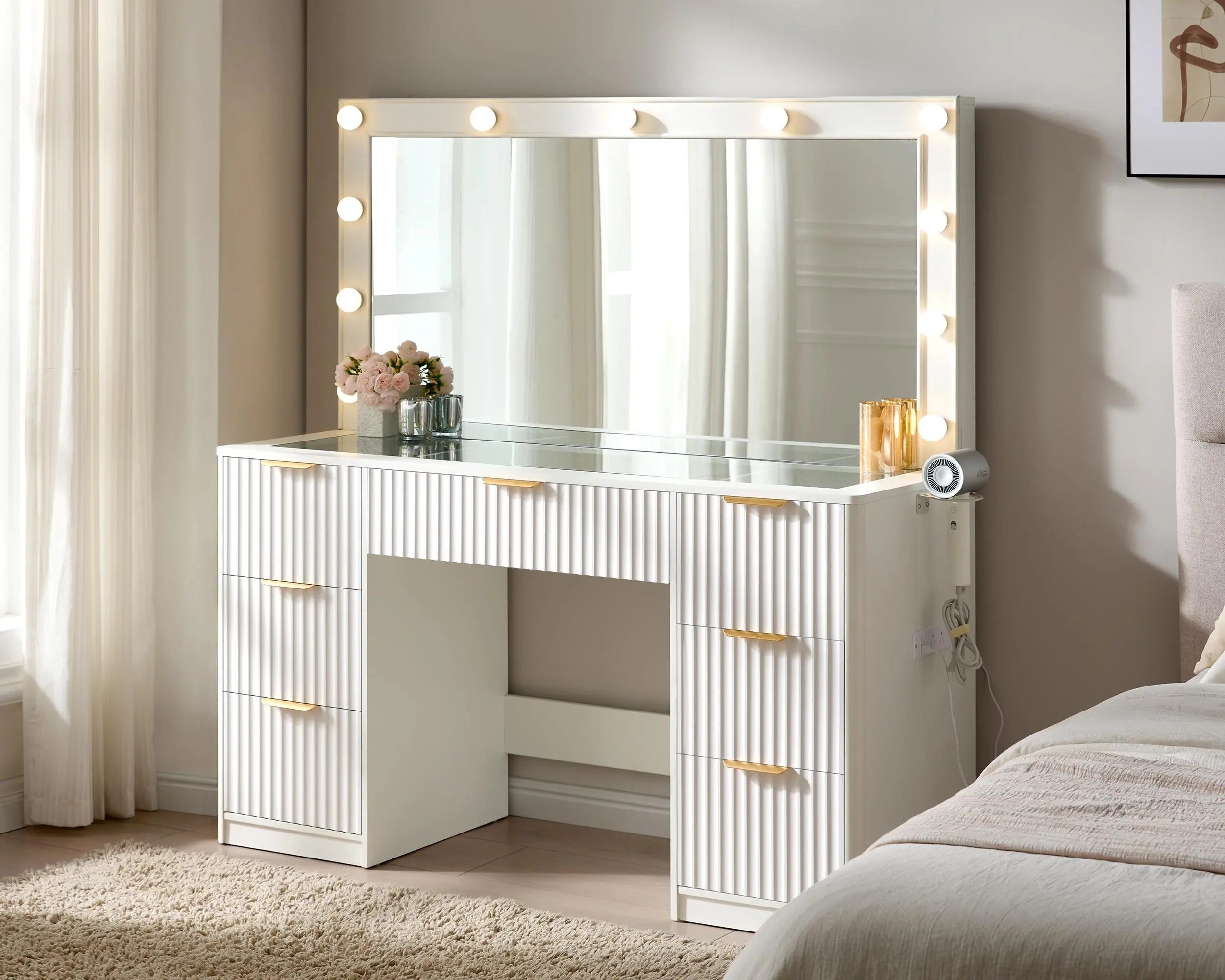 AMERLIFE 36.2/47.2" Fluted Vanity Desk with Mirror and Adjustable LED Lights, Large 4/7 Drawers Makeup Table with Glass Top and Charging Station for Women and Girls, Bedroom or Dorm/Best Gift Ideas/Christmas Gifts
