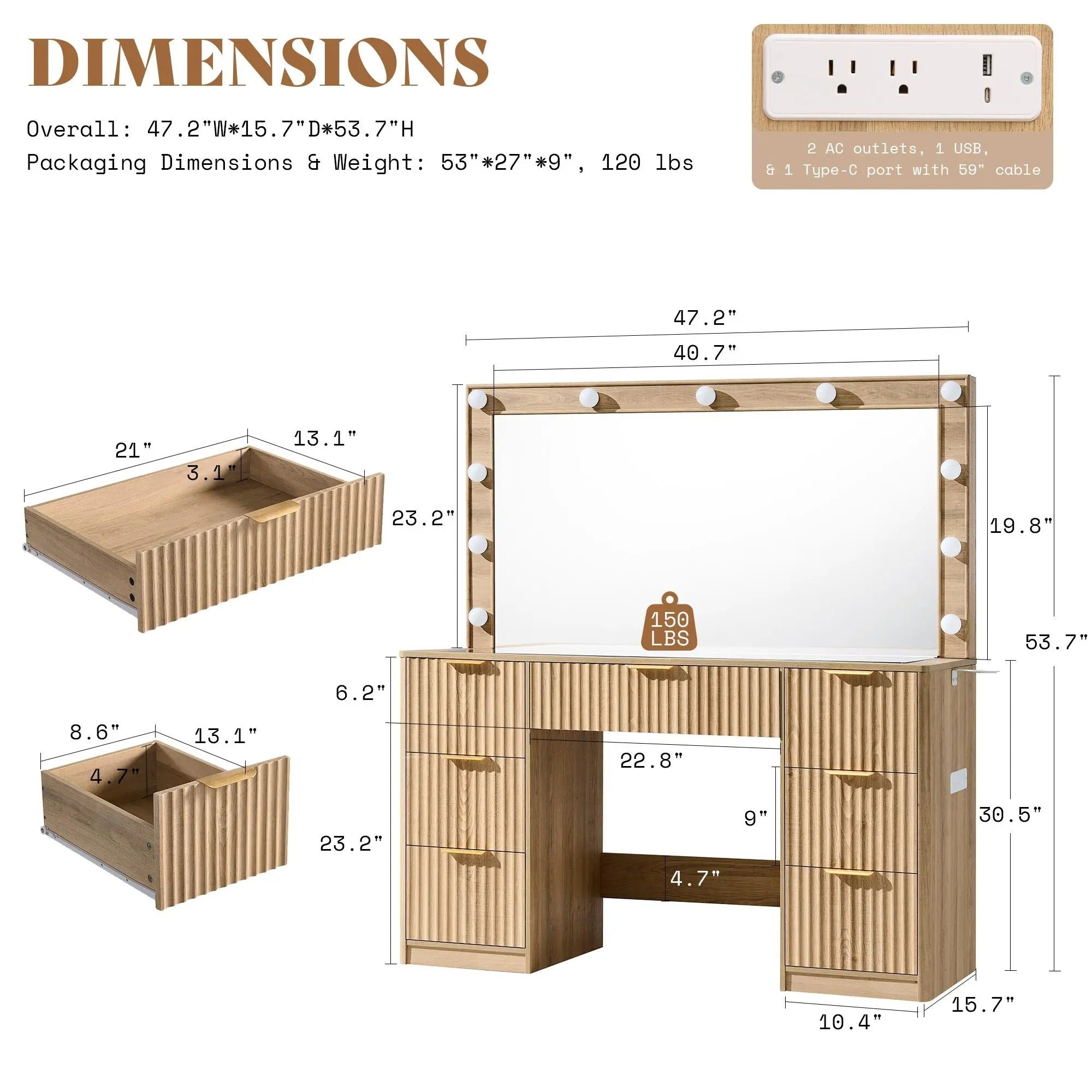AMERLIFE 36.2/47.2" Fluted Vanity Desk with Mirror and Adjustable LED Lights, Large 4/7 Drawers Makeup Table with Glass Top and Charging Station for Women and Girls, Bedroom or Dorm/Best Gift Ideas/Christmas Gifts