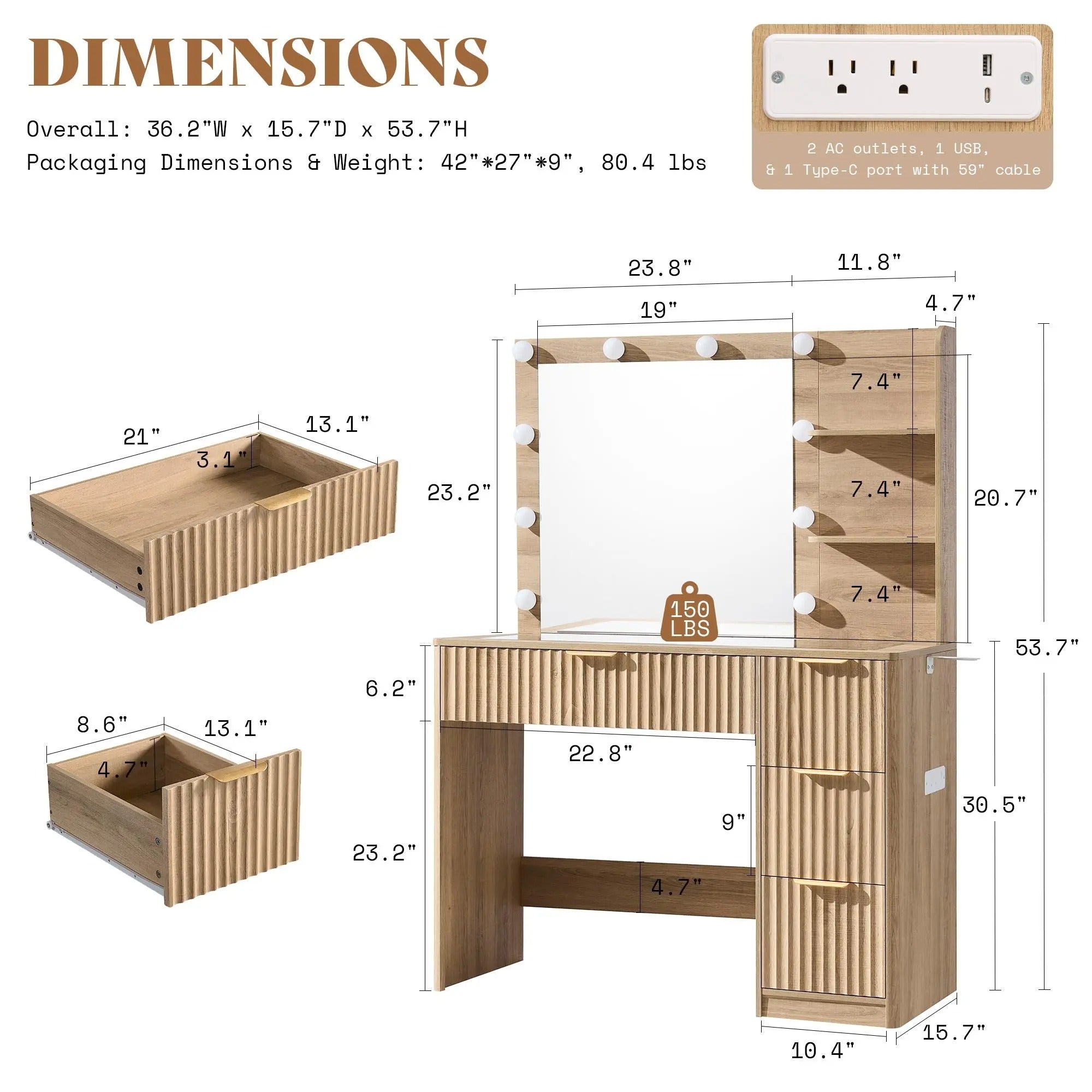 AMERLIFE 36.2/47.2" Fluted Vanity Desk with Mirror and Adjustable LED Lights, Large 4/7 Drawers Makeup Table with Glass Top and Charging Station for Women and Girls, Bedroom or Dorm/Best Gift Ideas/Christmas Gifts