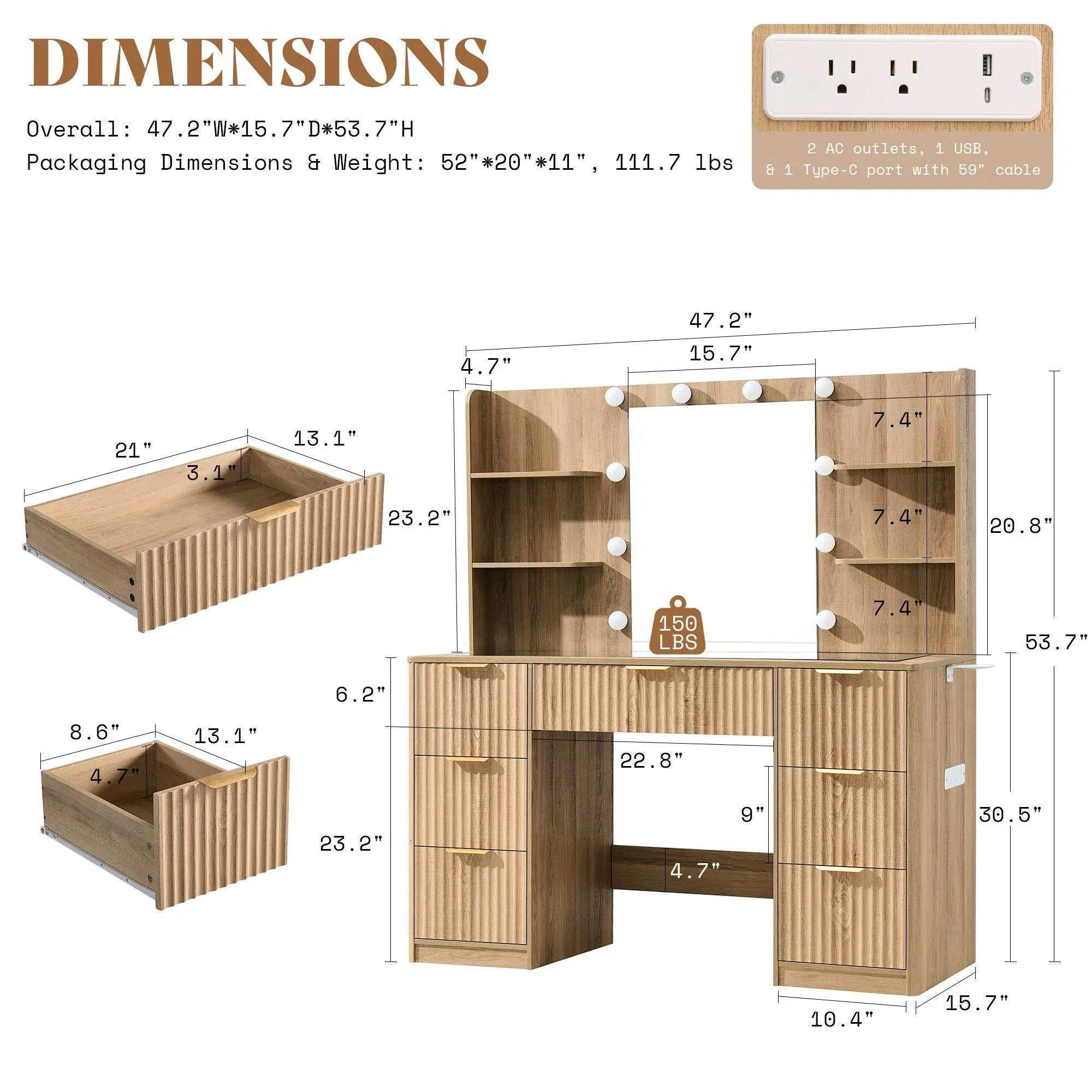 AMERLIFE 36.2/47.2" Fluted Vanity Desk with Mirror and Adjustable LED Lights, Large 4/7 Drawers Makeup Table with Glass Top and Charging Station for Women and Girls, Bedroom or Dorm/Best Gift Ideas/Christmas Gifts