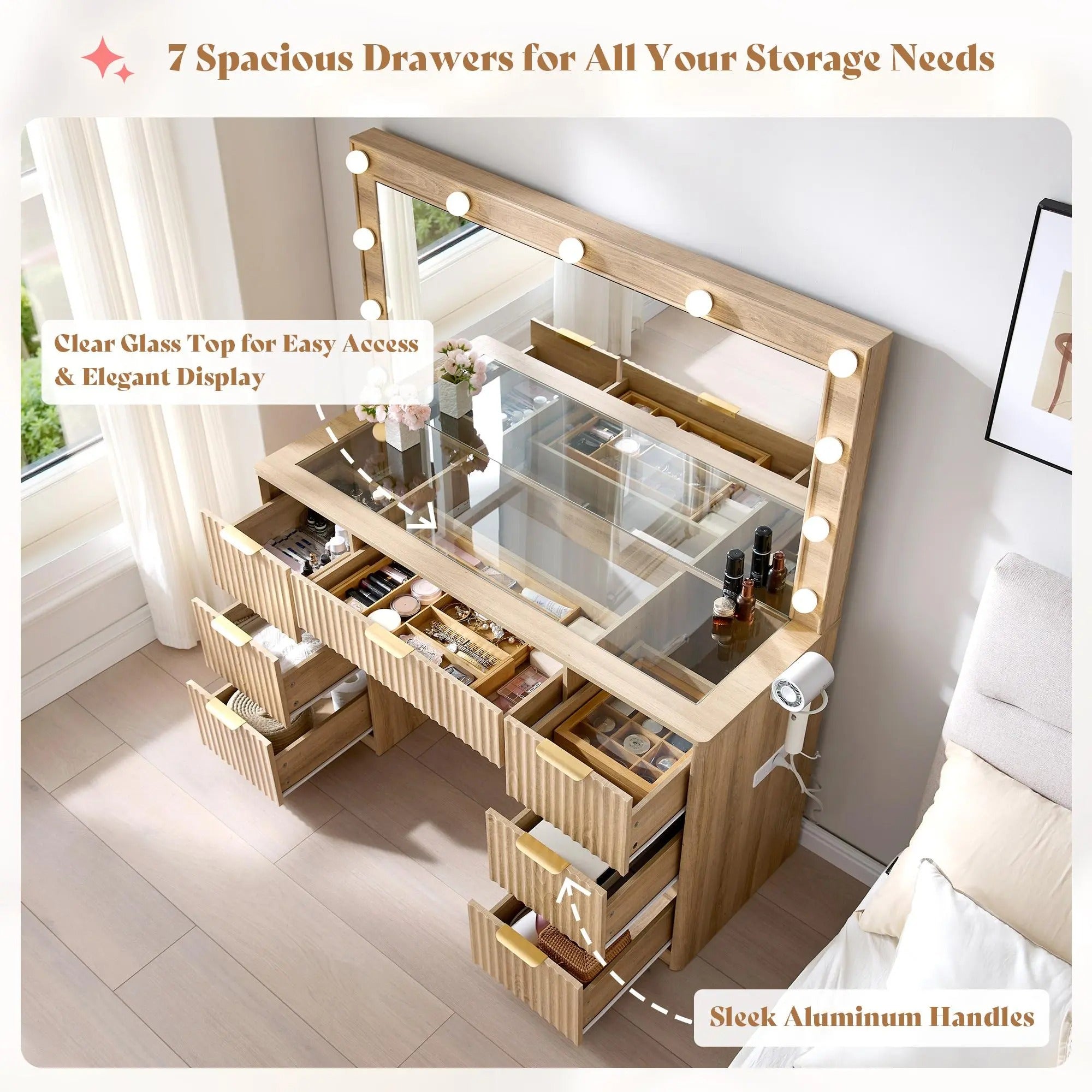 AMERLIFE 36.2/47.2" Fluted Vanity Desk with Mirror and Adjustable LED Lights, Large 4/7 Drawers Makeup Table with Glass Top and Charging Station for Women and Girls, Bedroom or Dorm/Best Gift Ideas/Christmas Gifts
