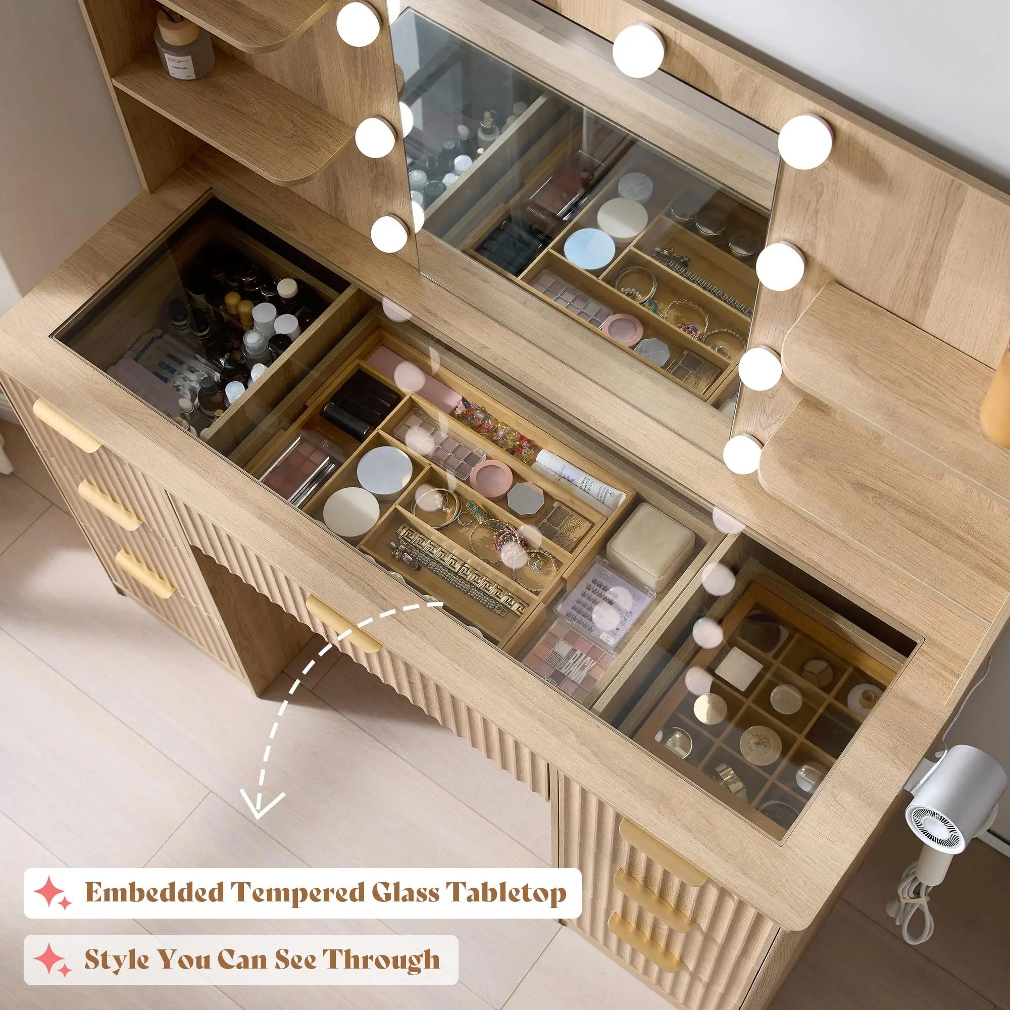 AMERLIFE 36.2/47.2" Fluted Vanity Desk with Mirror and Adjustable LED Lights, Large 4/7 Drawers Makeup Table with Glass Top and Charging Station for Women and Girls, Bedroom or Dorm/Best Gift Ideas/Christmas Gifts