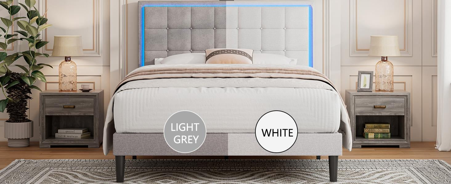 AMERLIFE Modern Bed Frame with RGB LED Lights and Linen Upholstered Headboard, Button Tufted Platform Bed Frame with USB Charging Station, Only Bed Frame/Affordable Luxury Bed Frames/Full/Queen/King/Christmas Gifts