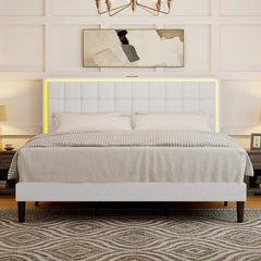 AMERLIFE Modern Bed Frame with RGB LED Lights and Linen Upholstered Headboard, Button Tufted Platform Bed Frame with USB Charging Station, Only Bed Frame/Affordable Luxury Bed Frames/Full/Queen/King/Christmas Gifts
