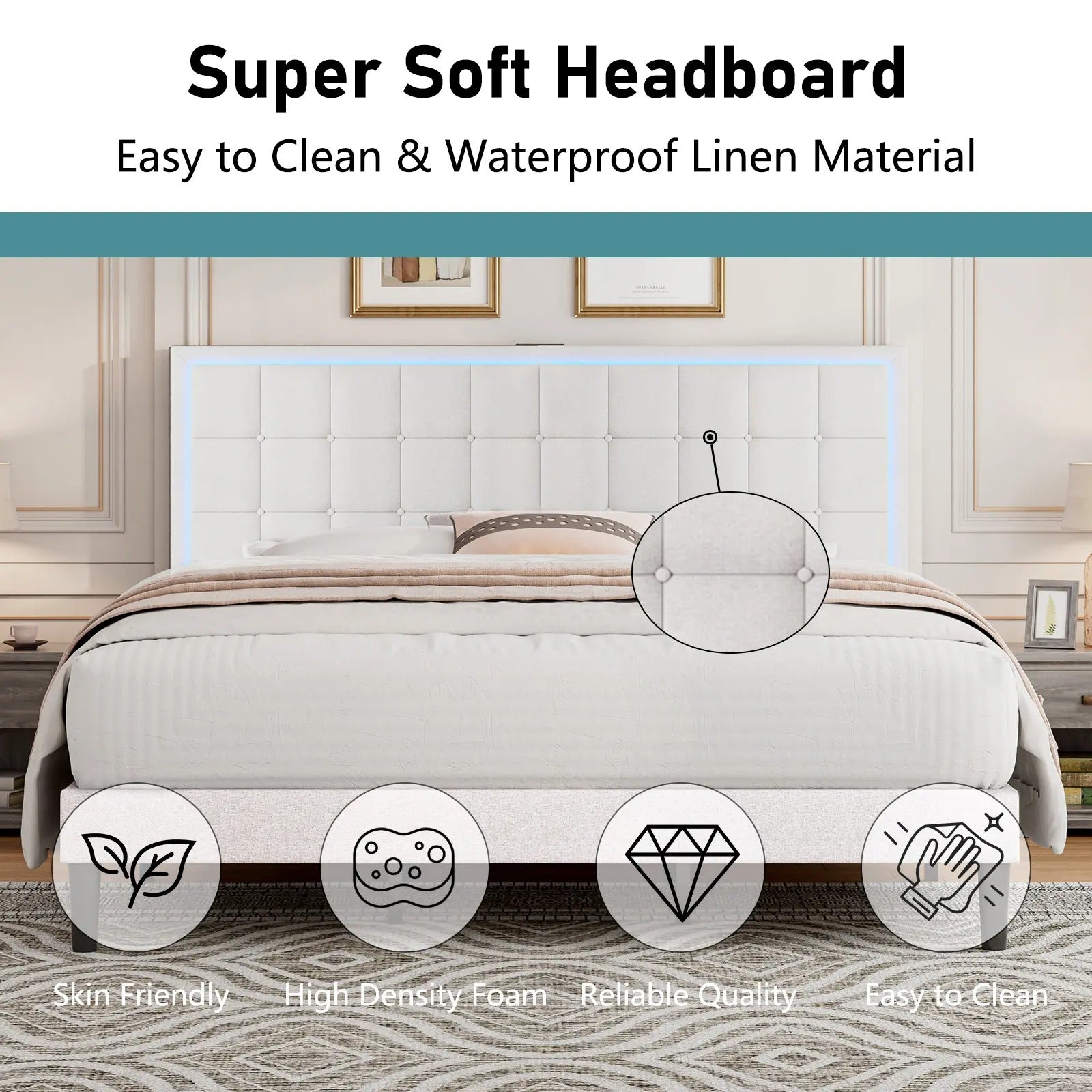 AMERLIFE Modern Bed Frame with RGB LED Lights and Linen Upholstered Headboard, Button Tufted Platform Bed Frame with USB Charging Station, Only Bed Frame/Affordable Luxury Bed Frames/Full/Queen/King/Christmas Gifts