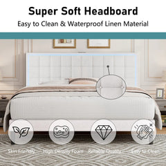AMERLIFE Modern Bed Frame with RGB LED Lights and Linen Upholstered Headboard, Button Tufted Platform Bed Frame with USB Charging Station, Only Bed Frame/Affordable Luxury Bed Frames/Full/Queen/King/Christmas Gifts