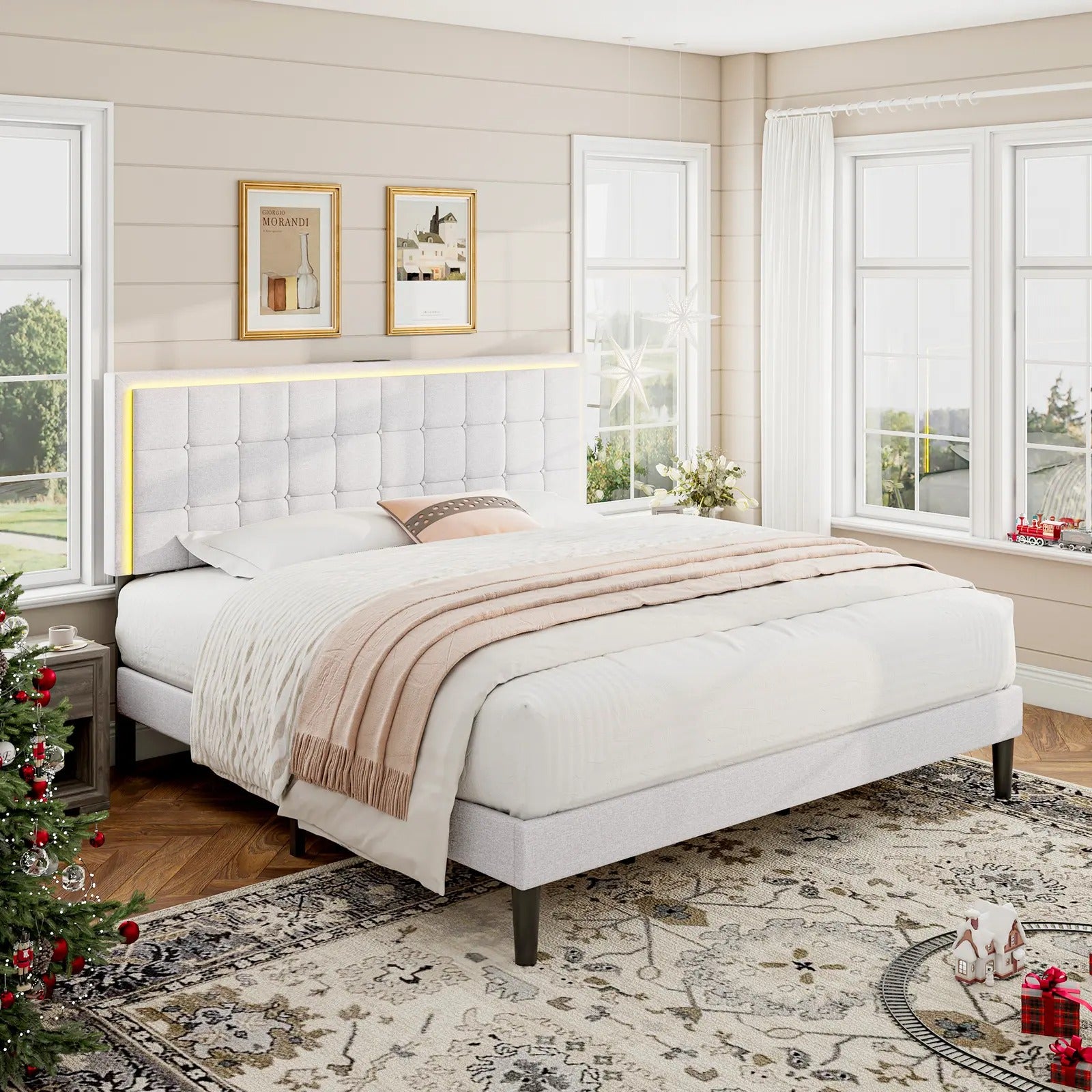 AMERLIFE Modern Bed Frame with RGB LED Lights and Linen Upholstered Headboard, Button Tufted Platform Bed Frame with USB Charging Station, Only Bed Frame/Affordable Luxury Bed Frames/Full/Queen/King/Christmas Gifts