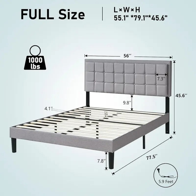 AMERLIFE Modern Bed Frame with RGB LED Lights and Linen Upholstered Headboard, Button Tufted Platform Bed Frame with USB Charging Station, Only Bed Frame/Affordable Luxury Bed Frames/Full/Queen/King/Christmas Gifts