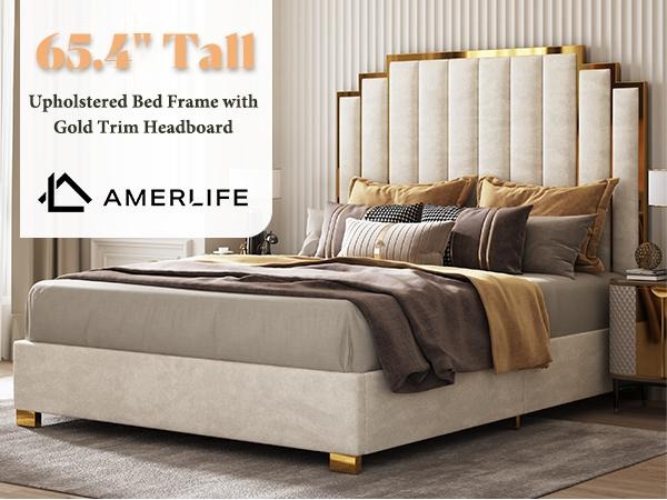 AMERLIFE Bed Frame with 65" Headboard, Upholstered Platform Bed with Golden Plating Trim, Modern Luxury Bed Frame, No Box Spring Needed/No Mattress/Queen/King//Unique Bedroom Furniture/Best Gift Ideas/Christmas Gifts