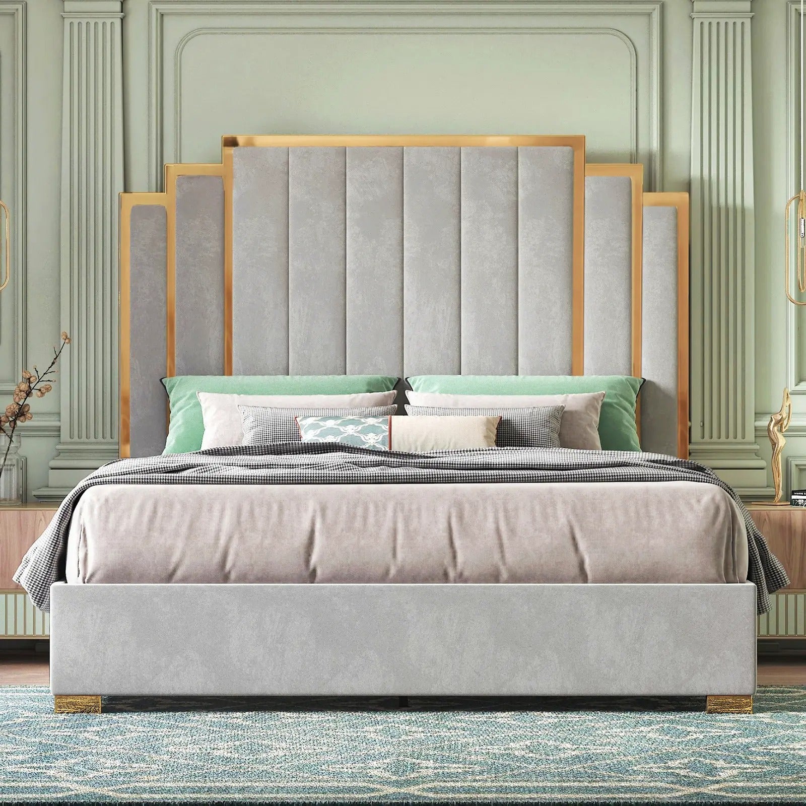 AMERLIFE Bed Frame with 65" Headboard, Upholstered Platform Bed with Golden Plating Trim, Modern Luxury Bed Frame, No Box Spring Needed/No Mattress/Queen/King//Unique Bedroom Furniture/Best Gift Ideas/Christmas Gifts