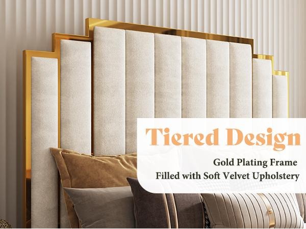 AMERLIFE Bed Frame with 65" Headboard, Upholstered Platform Bed with Golden Plating Trim, Modern Luxury Bed Frame, No Box Spring Needed/No Mattress/Queen/King//Unique Bedroom Furniture/Best Gift Ideas/Christmas Gifts