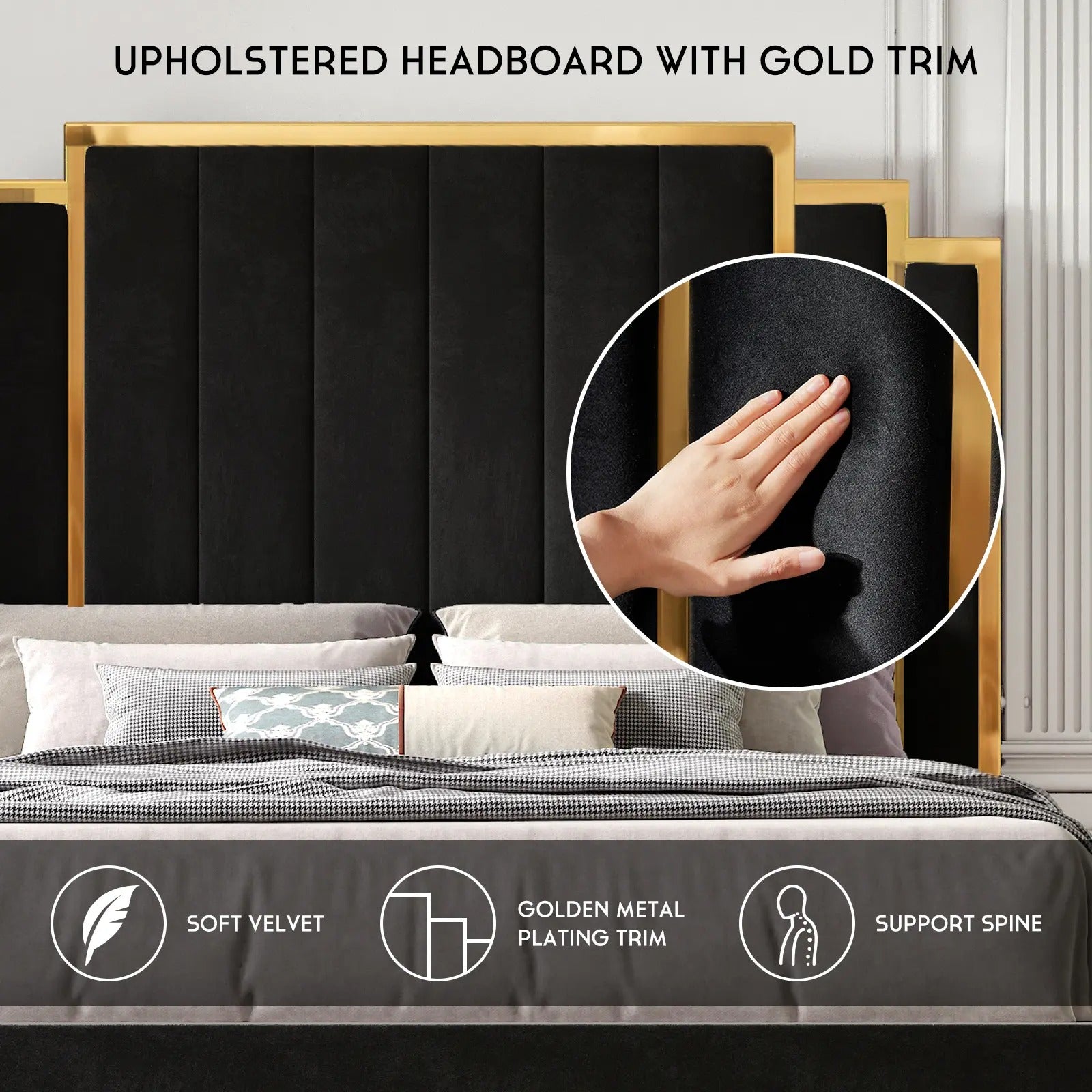 AMERLIFE Bed Frame with 65" Headboard, Upholstered Platform Bed with Golden Plating Trim, Modern Luxury Bed Frame, No Box Spring Needed/No Mattress/Queen/King//Unique Bedroom Furniture/Best Gift Ideas/Christmas Gifts
