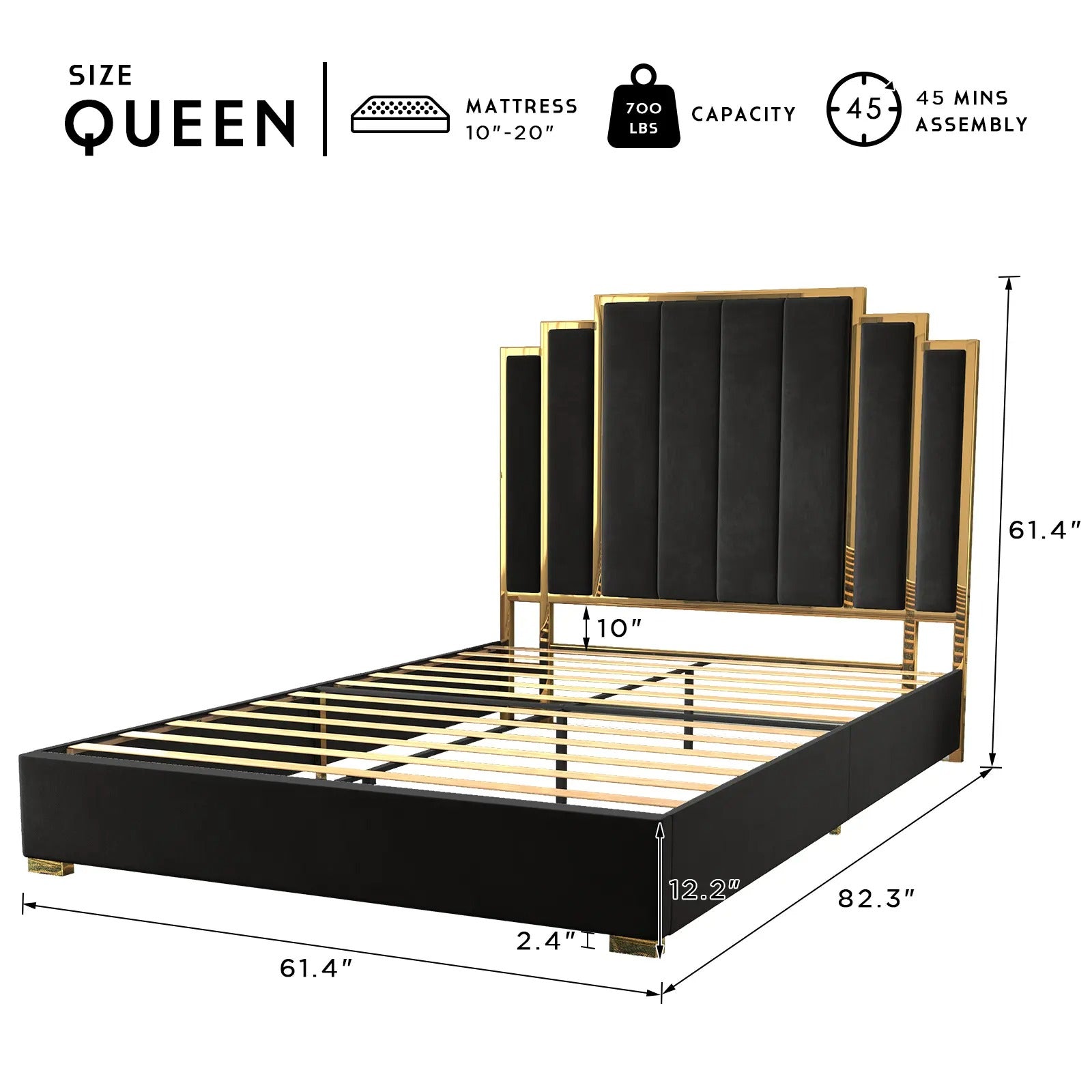 AMERLIFE Bed Frame with 65" Headboard, Upholstered Platform Bed with Golden Plating Trim, Modern Luxury Bed Frame, No Box Spring Needed/No Mattress/Queen/King//Unique Bedroom Furniture/Best Gift Ideas/Christmas Gifts