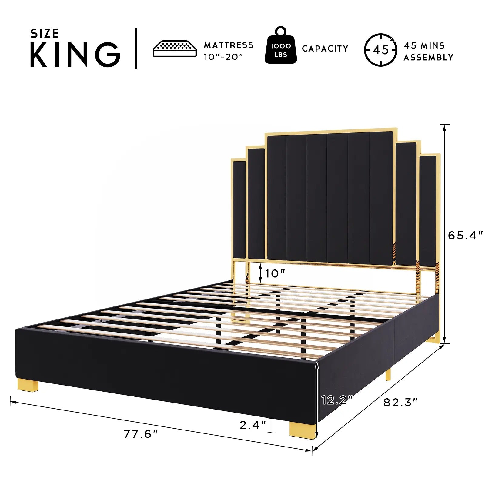 AMERLIFE Bed Frame with 65" Headboard, Upholstered Platform Bed with Golden Plating Trim, Modern Luxury Bed Frame, No Box Spring Needed/No Mattress/Queen/King//Unique Bedroom Furniture/Best Gift Ideas/Christmas Gifts