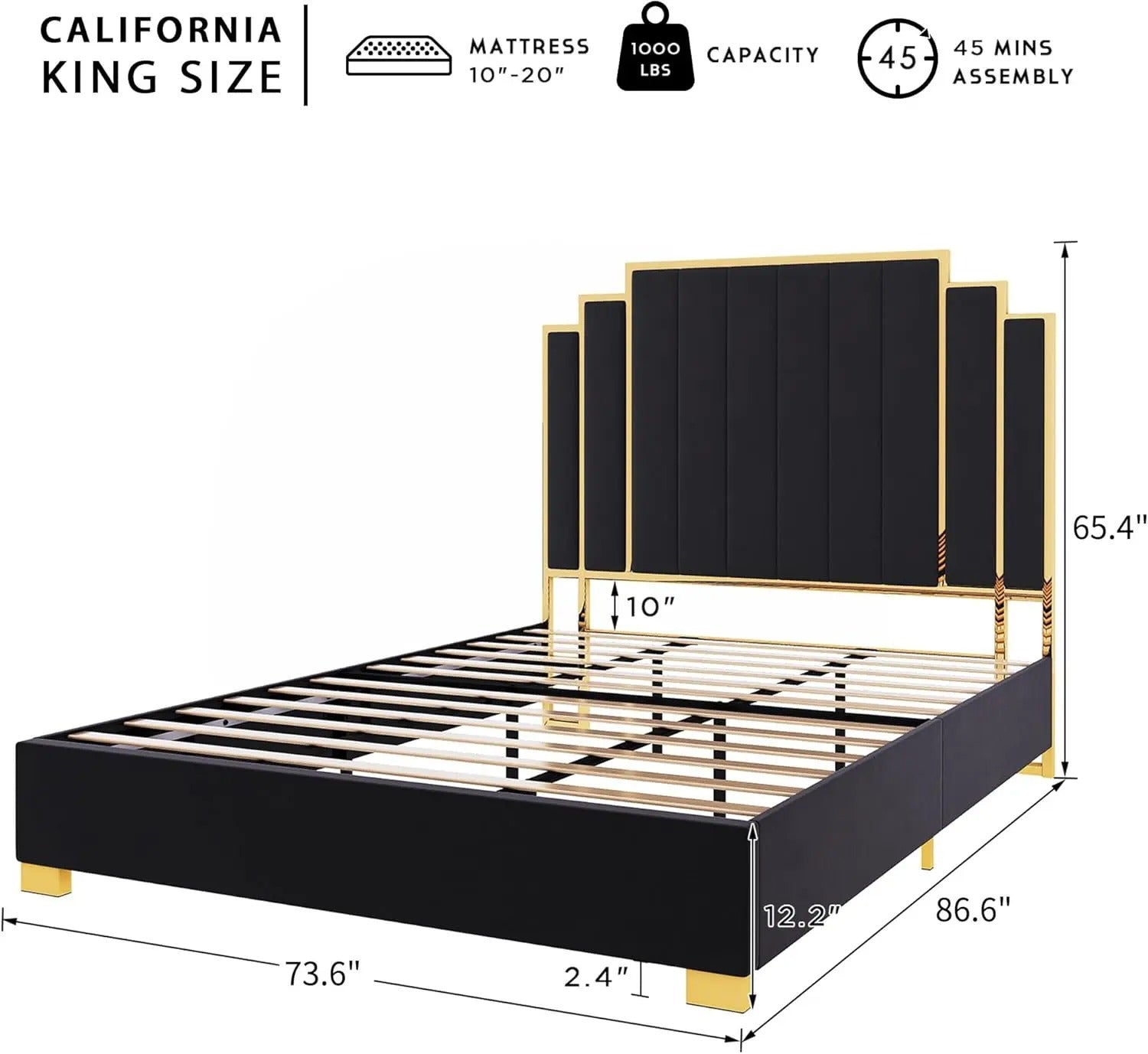 AMERLIFE Bed Frame with 65" Headboard, Upholstered Platform Bed with Golden Plating Trim, Modern Luxury Bed Frame, No Box Spring Needed/No Mattress/Queen/King//Unique Bedroom Furniture/Best Gift Ideas/Christmas Gifts