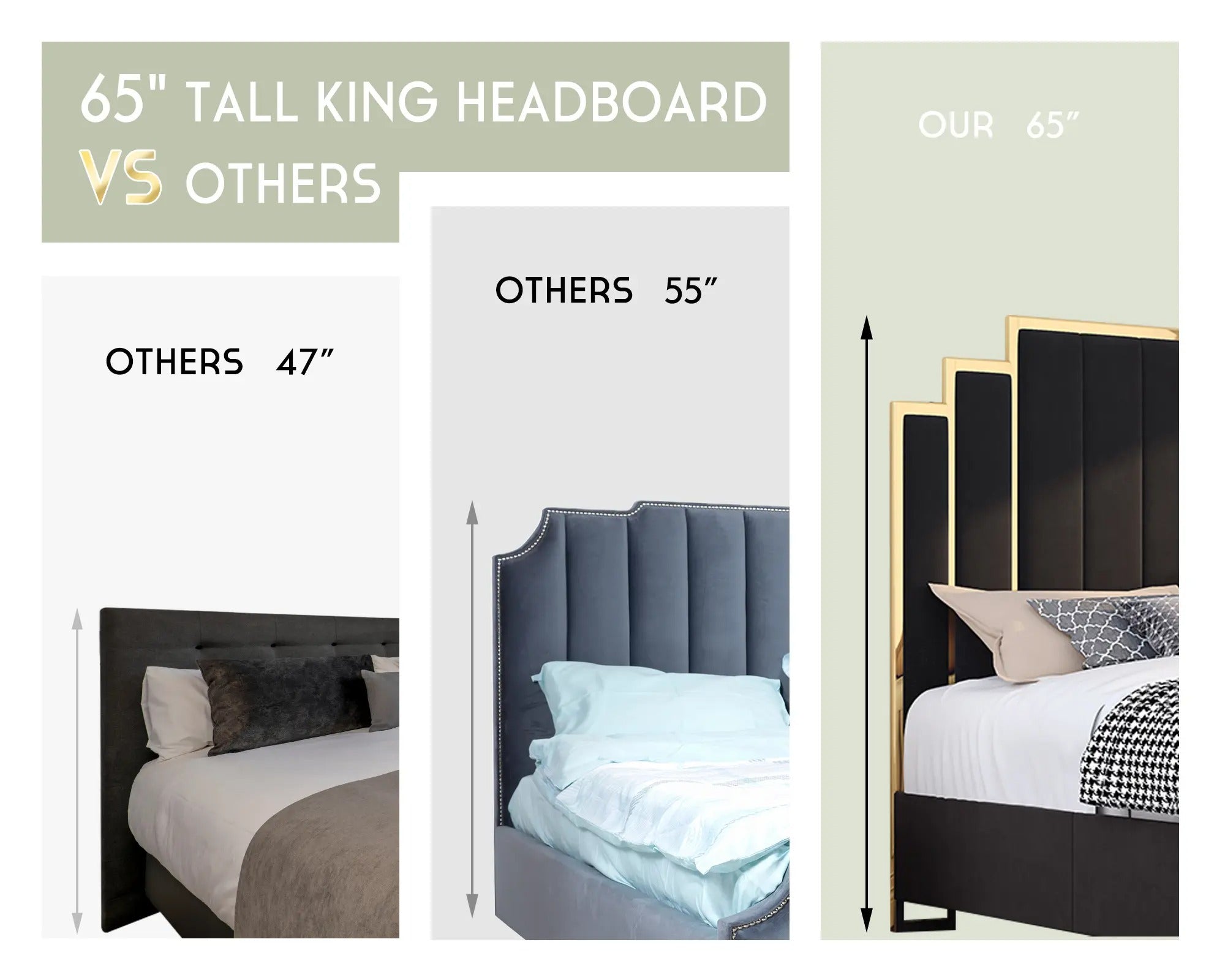 AMERLIFE Bed Frame with 65" Headboard, Upholstered Platform Bed with Golden Plating Trim, Modern Luxury Bed Frame, No Box Spring Needed/No Mattress/Queen/King//Unique Bedroom Furniture/Best Gift Ideas/Christmas Gifts