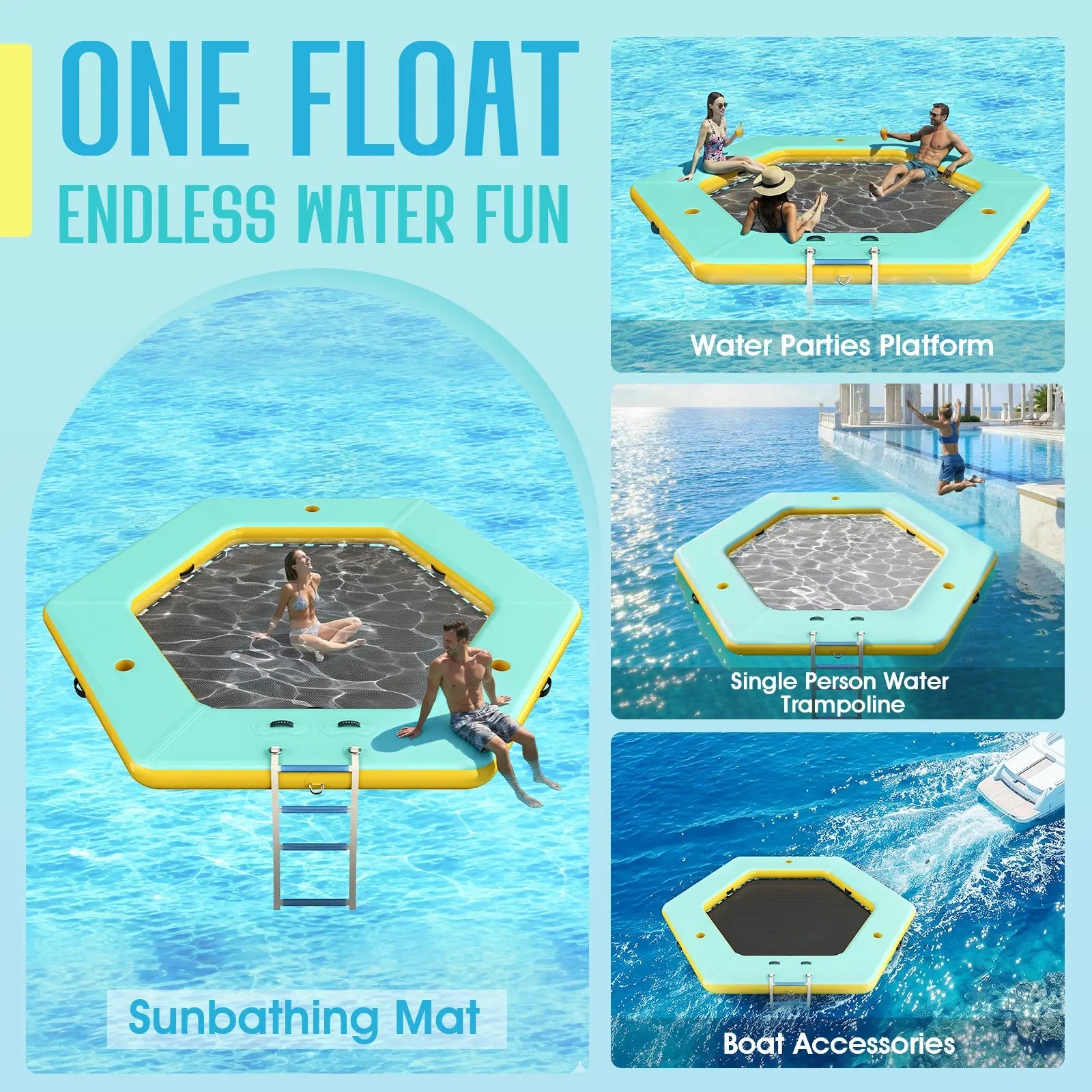AMERLIFE 8FT/10FT/12FT Hexagon/Circle/Triangle Inflatable Water Hammock for Adults, Fun for Kids Ages 3+, Floating Raft Dock Platform with Mesh, Heavy Duty Water Float Dock for Lake, Beach, Summer Party