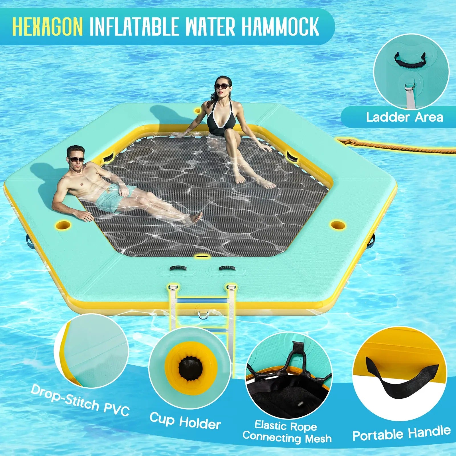 AMERLIFE 8FT/10FT/12FT Hexagon/Circle/Triangle Inflatable Water Hammock for Adults, Fun for Kids Ages 3+, Floating Raft Dock Platform with Mesh, Heavy Duty Water Float Dock for Lake, Beach, Summer Party
