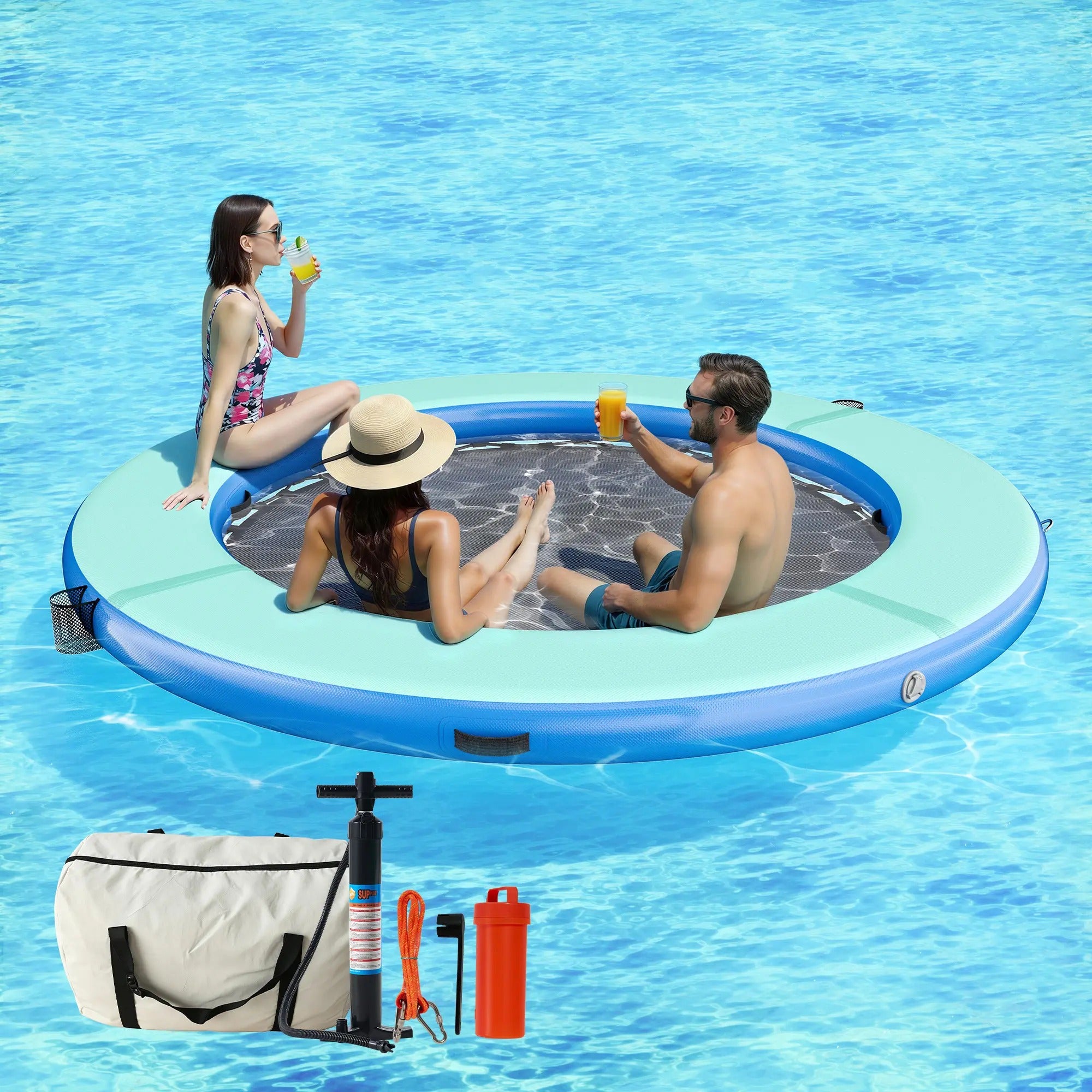 AMERLIFE 8FT/10FT/12FT Hexagon/Circle/Triangle Inflatable Water Hammock for Adults, Fun for Kids Ages 3+, Floating Raft Dock Platform with Mesh, Heavy Duty Water Float Dock for Lake, Beach, Summer Party