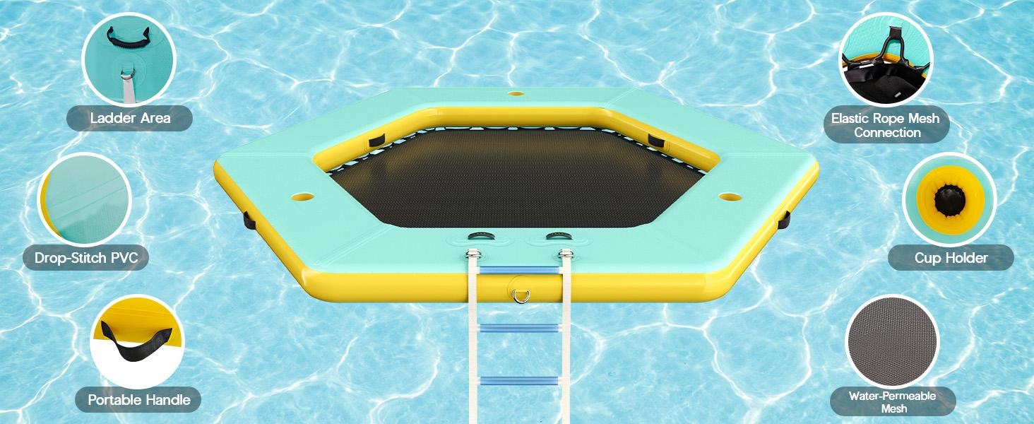 AMERLIFE 8FT/10FT/12FT Hexagon/Circle/Triangle Inflatable Water Hammock for Adults, Fun for Kids Ages 3+, Floating Raft Dock Platform with Mesh, Heavy Duty Water Float Dock for Lake, Beach, Summer Party