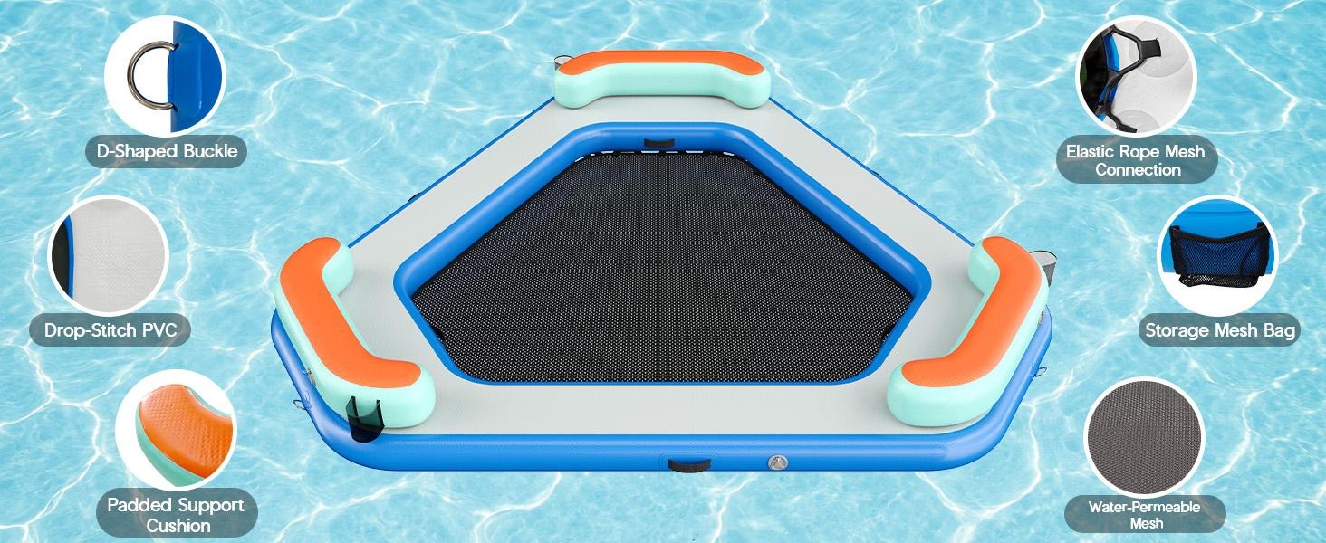 AMERLIFE 8FT/10FT/12FT Hexagon/Circle/Triangle Inflatable Water Hammock for Adults, Fun for Kids Ages 3+, Floating Raft Dock Platform with Mesh, Heavy Duty Water Float Dock for Lake, Beach, Summer Party