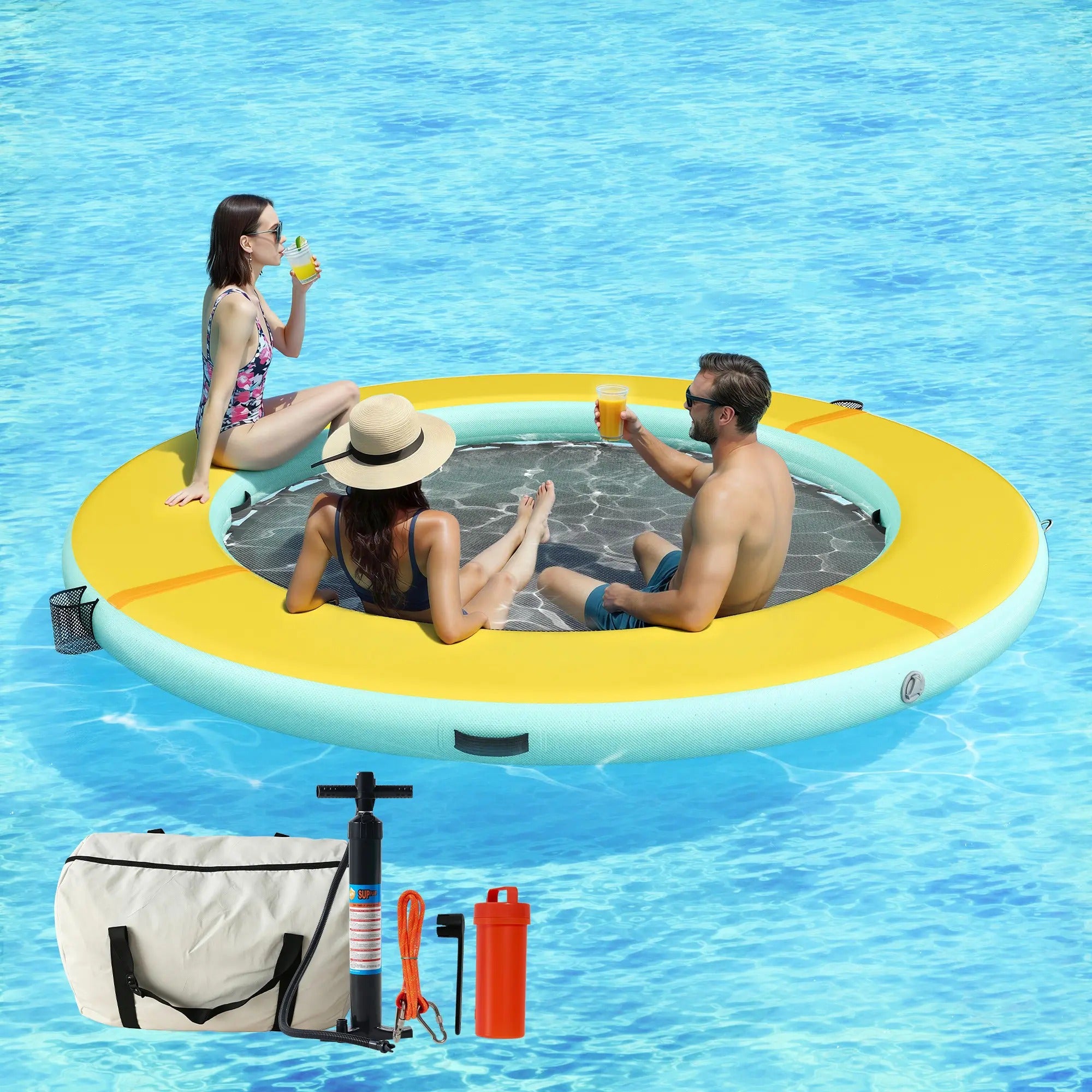 AMERLIFE 8FT/10FT/12FT Hexagon/Circle/Triangle Inflatable Water Hammock for Adults, Fun for Kids Ages 3+, Floating Raft Dock Platform with Mesh, Heavy Duty Water Float Dock for Lake, Beach, Summer Party